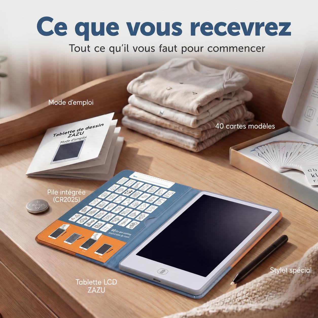 Zazu Fun Tablette à Dessin LCD pour Enfants - 8,5 Pouces Tablette de Dessin avec 40 Cartes de Modèle & Stylo, Fonction d'Effacement & Bouton de Verrouillage - Jouet Éducatif Créatif pour Maison