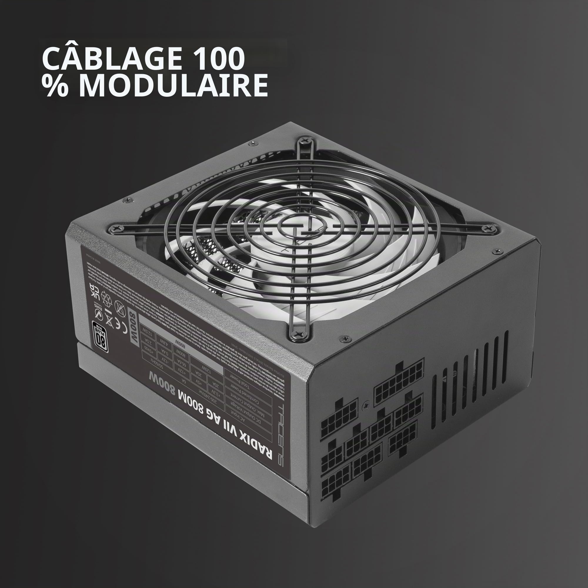 Tacens Radix VII AG 800M, Alimentation Modulaire PC ATX 800W, Garantie 10 Ans, 80Plus Silver, Technologie AI-RPM Silencieuse, Efficacité 87%, Noir