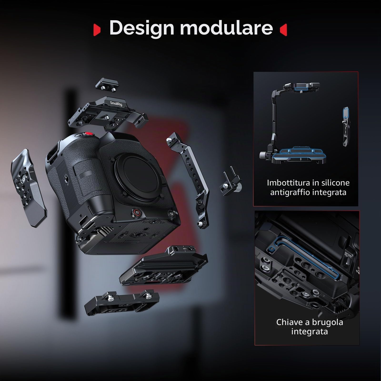 SmallRig Gabbia per Canon C80, design modulare con piastra superiore, piastre laterali, piastra inferiore, guida NATO, fermacavo per HDMI, con attacco a scarpa fredda, foro filettato da 1/4"-20 e 3/8