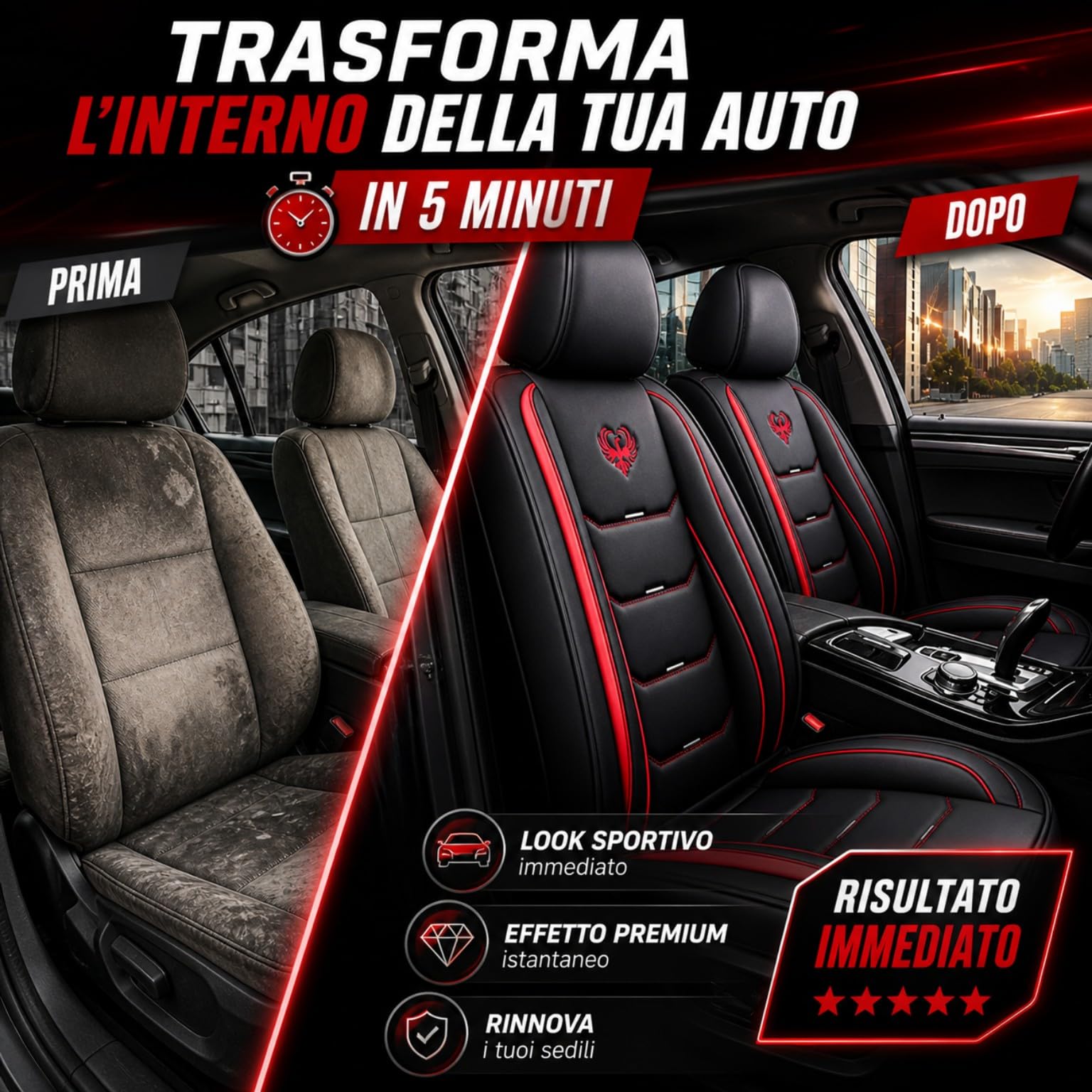 Car Passion 2 Coprisedile Auto Universale Sportivo Qualità Superiore in Ecopelle Anteriore con Poggiatesta Compatibile con Airbag Laterale Protezione Sedile Look Dinamico (2 Coprisedili Rosso)