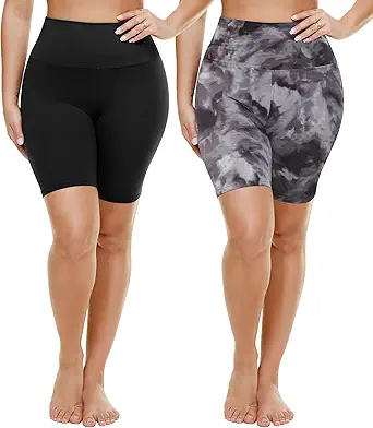 TNNZEET 2 Pack Plus Size Biker Shorts for Women - 8" Black High Waisted Tummy Control Spandex Workout Shorts (XL-4XL)