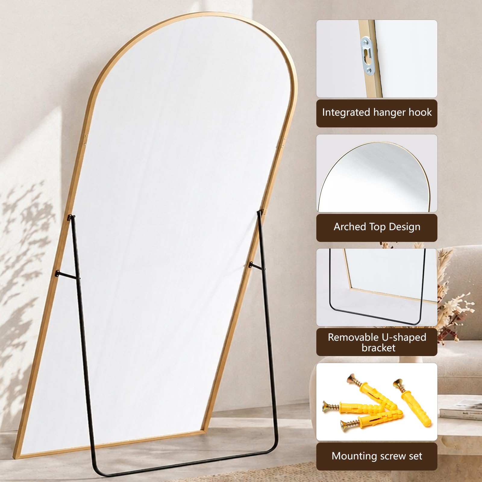 Specchio curvo da pavimento, con supporto, telaio in lega di alluminio, vetro temperato, grande specchio da parete per soggiorno e camera da letto (oro, 180 x 71 cm (lunghezza x larghezza)