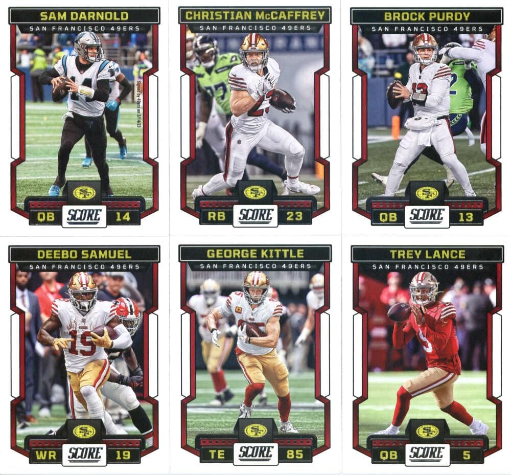 2023 Score Veteran San Francisco 49ers Team Set of 13 Cards: Sam Darnold(#44), Christian McCaffrey(#168), Brock Purdy(#169), Deebo Samuel(#170), George Kittle(#171), Trey Lance(#172), Talanoa Hufanga(#173), Fred Warner(#174), Jimmie Ward(#175), Nick Bosa(#176), Kyle Juszczyk(#177), Joe Montana(#178), Trent Williams(#299) - Sportscard Superstore