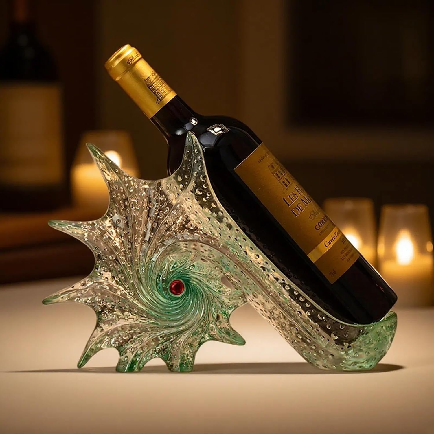 Wine Bottle Rack, Artistic Conch Shell-Shaped Wine Holder Luxury Home Decor & Wine Tasting Dual-Function Display Piece (Green)