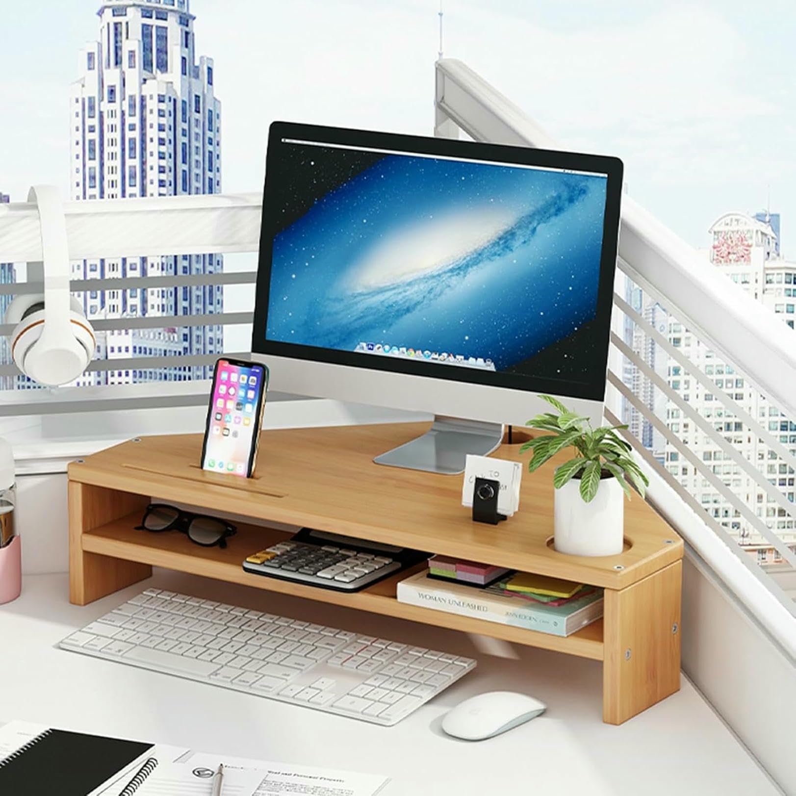 Support de bureau triangulaire pour écran d'ordinateur contre la fatigue et le désordre d'angle
