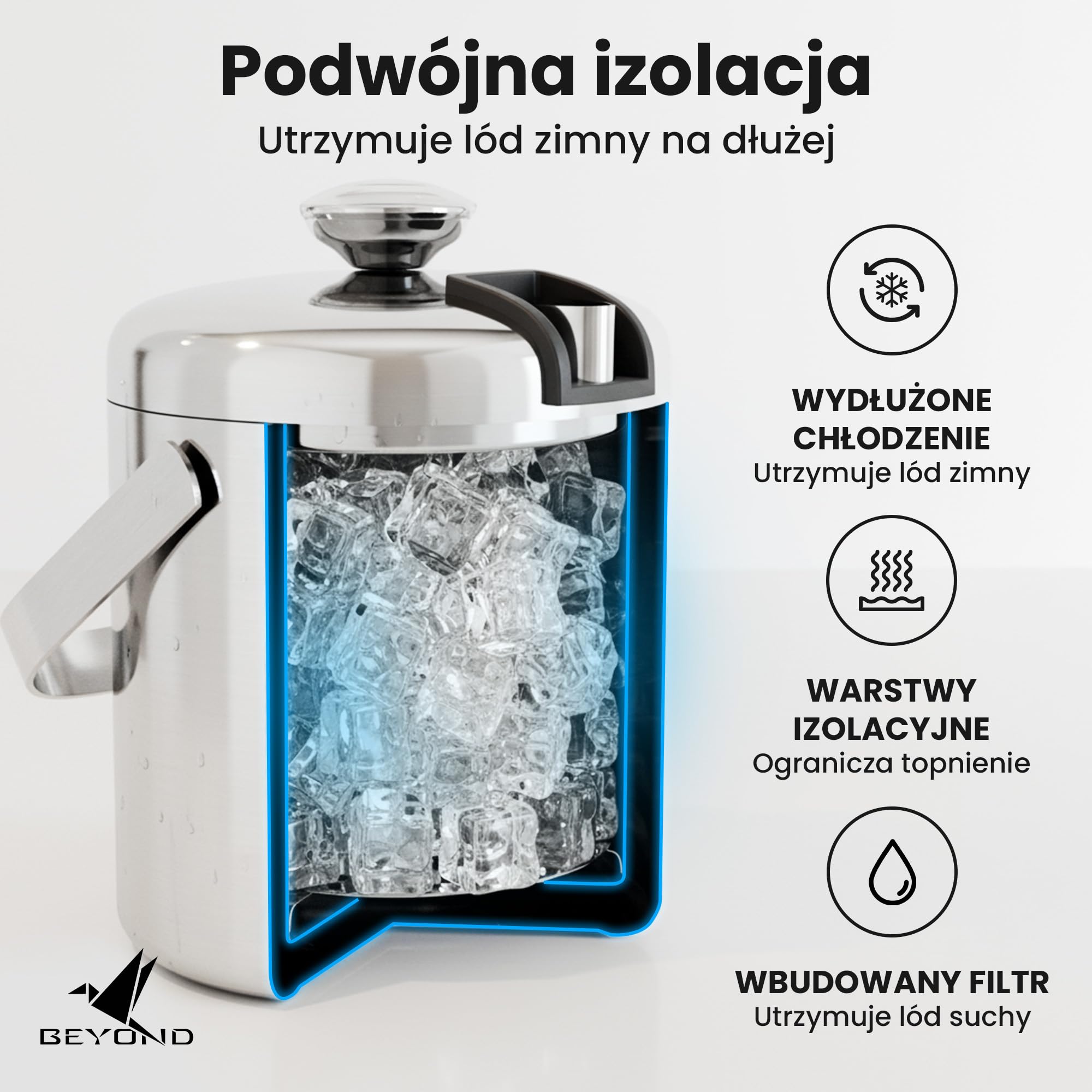 Beyond Pojemnik na Kostki Lodu z Pokrywką i Szczypcami ze Stali Nierdzewnej BPA-free – Chłodziarka do Lodu z Podwójnymi Ściankami, 1,3 Litra Kostek Lodu, Wiaderko na Lód, Kubełek na Lód – Srebrny