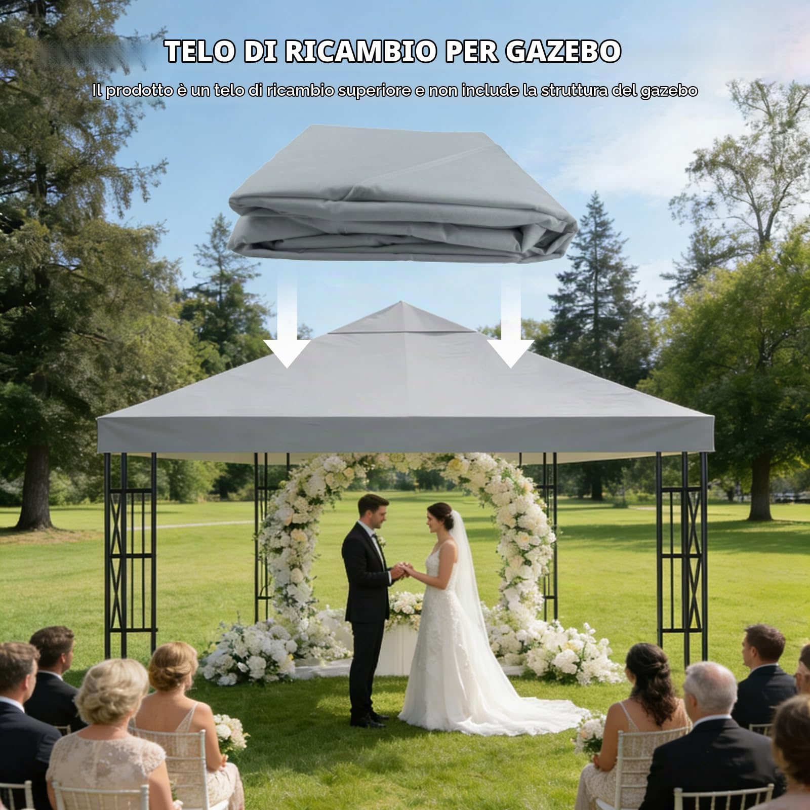 Telo di Ricambio per Gazebo 3x3m, Impermeabile e Anti-UV 300D, Copertura Rimovibile per Pergola con Fascette in Velcro Rinforzate, Ideale per Giardino, Terrazza, Campeggio e Spiaggia,Grigio