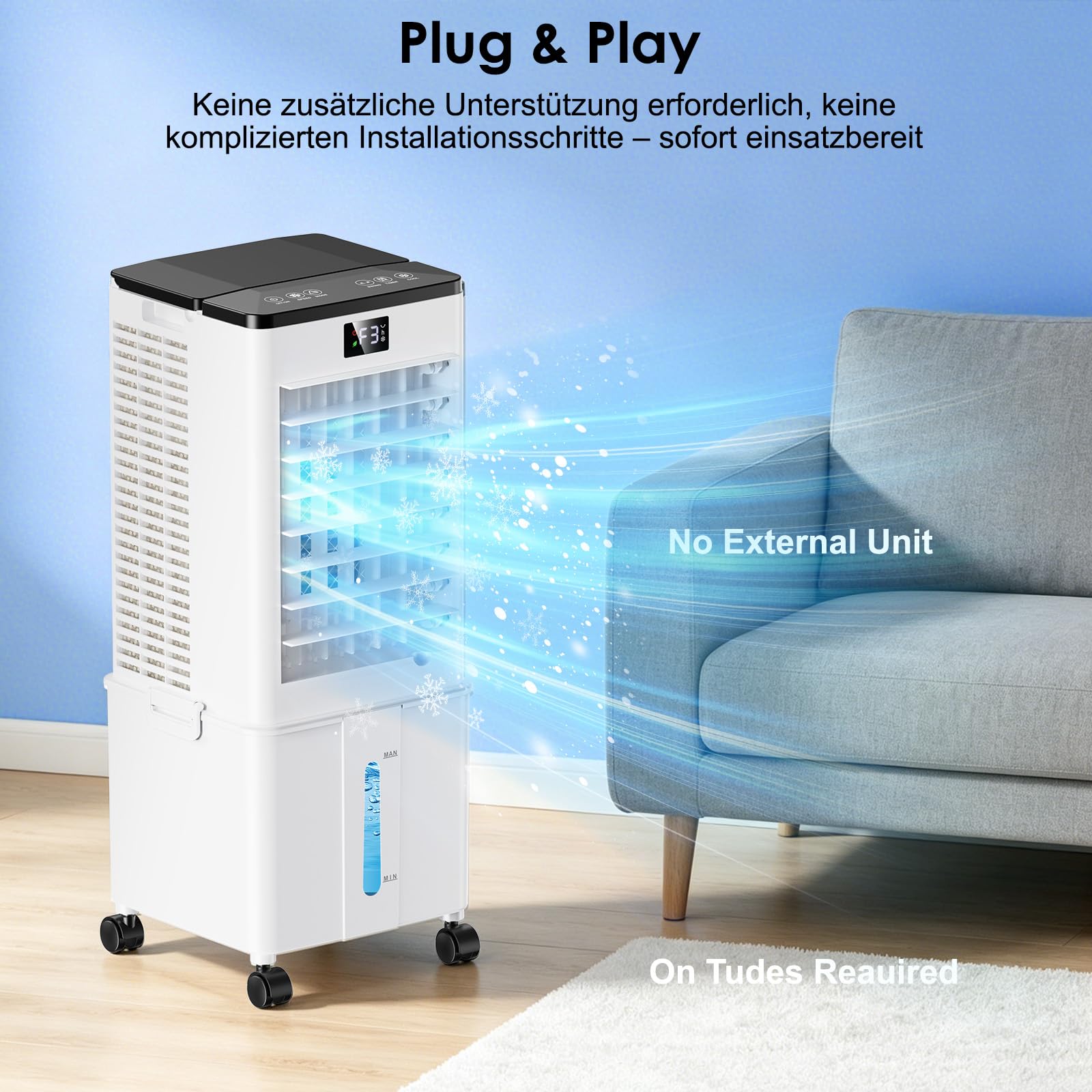 Climatiseur Portable 4 en 1, Rafraîchisseur d’Air Évaporatif avec Réservoir de 10L, 4 Modes et 3 Vitesses, Minuterie 1–12h avec Roulettes, 4 Blocs Réfrigérants, pour la Maison, Blanc (Mat)