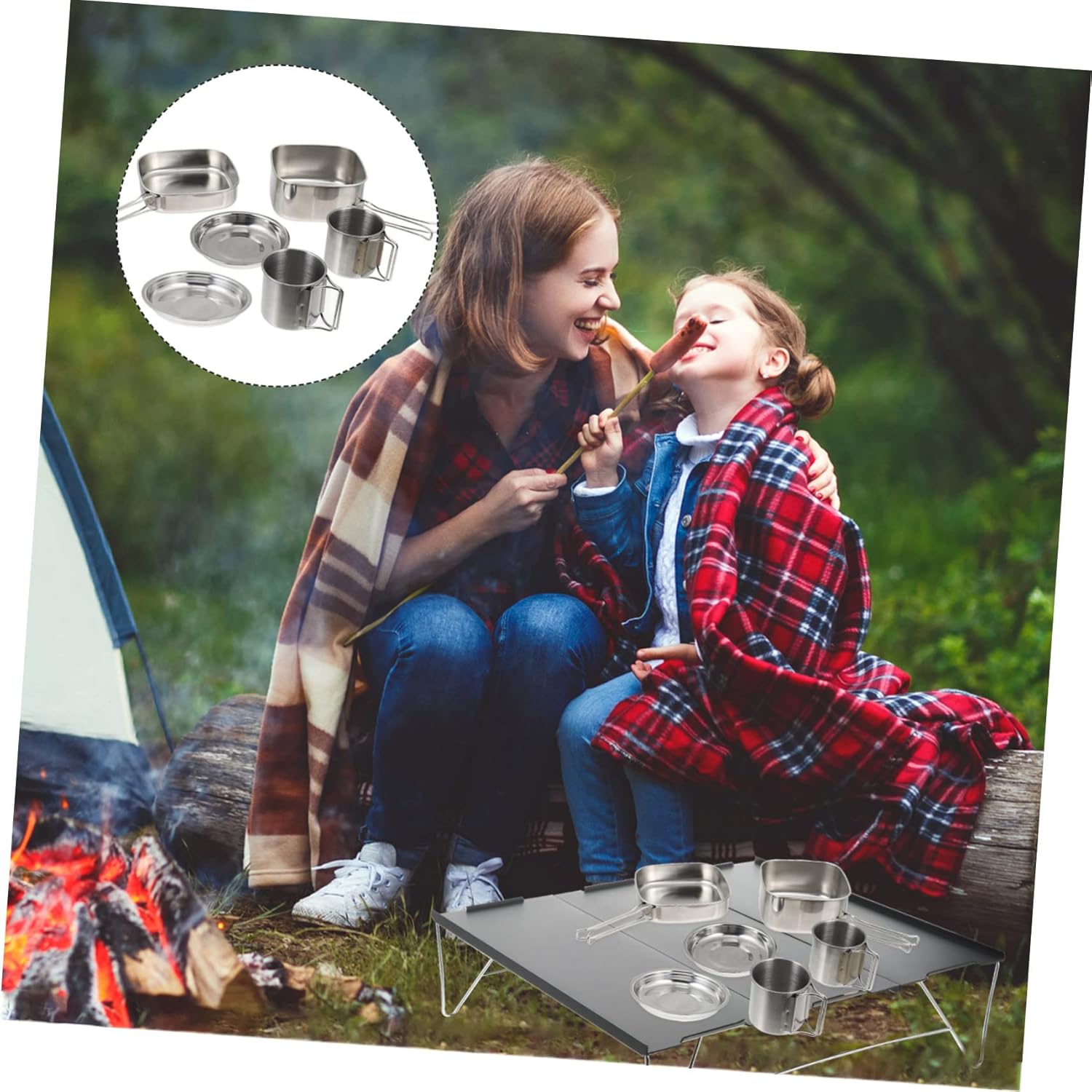 1set Outdoor Cookware Stainless Steel Camping Cooking Utensils Portable Picnic Pots and Frying Pan Easy to Clean for Camping and
