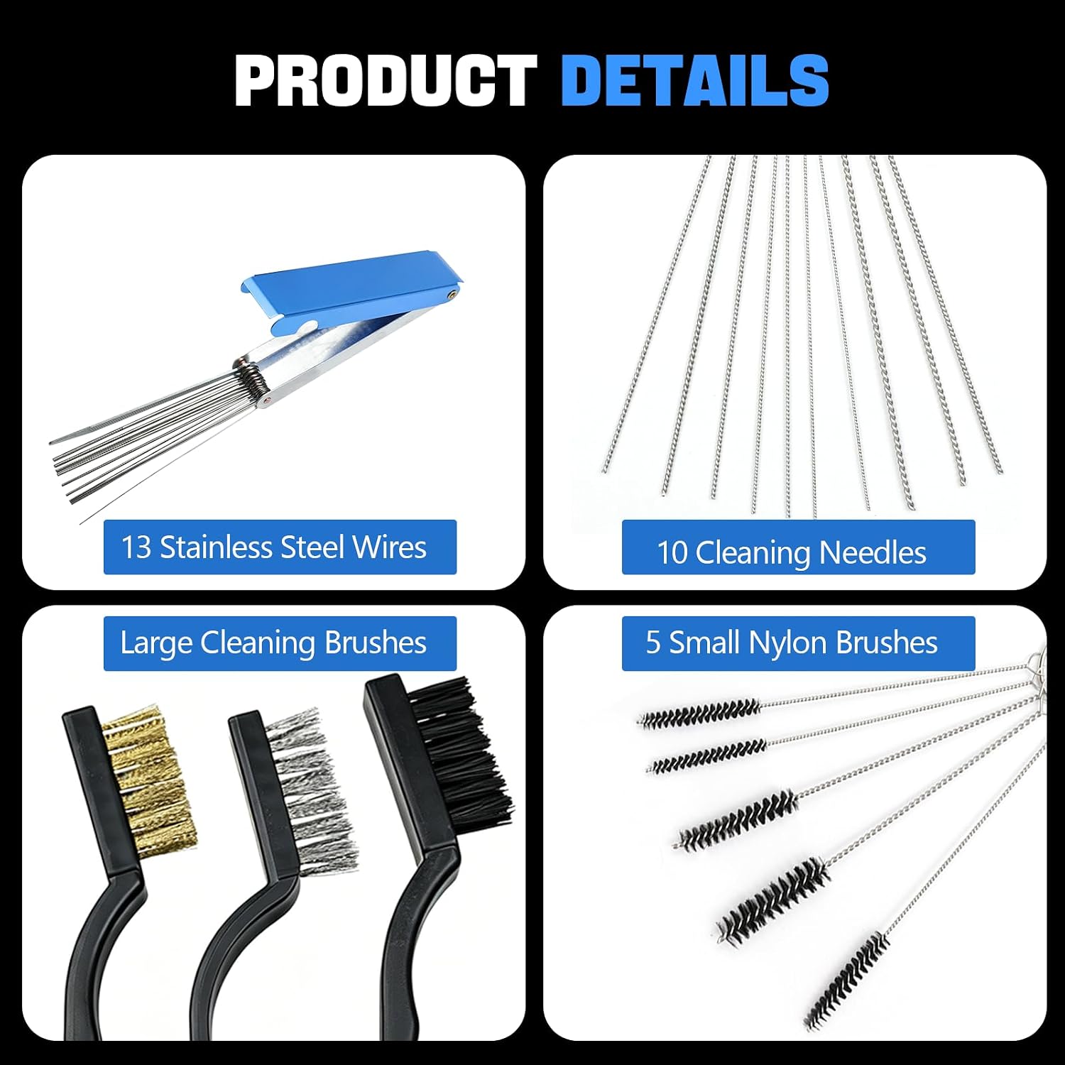 Carburetor Cleaning Kit, Includes 13 Stainless Steel Wires, 10 Needles, 5 Nylon Brushes, 1 Pointed Pick, 4 Cleaning Hooks, 3 Brushes, Torch Tip Cleaner, Carbon Dirt Jet Cleaner Repair Tools