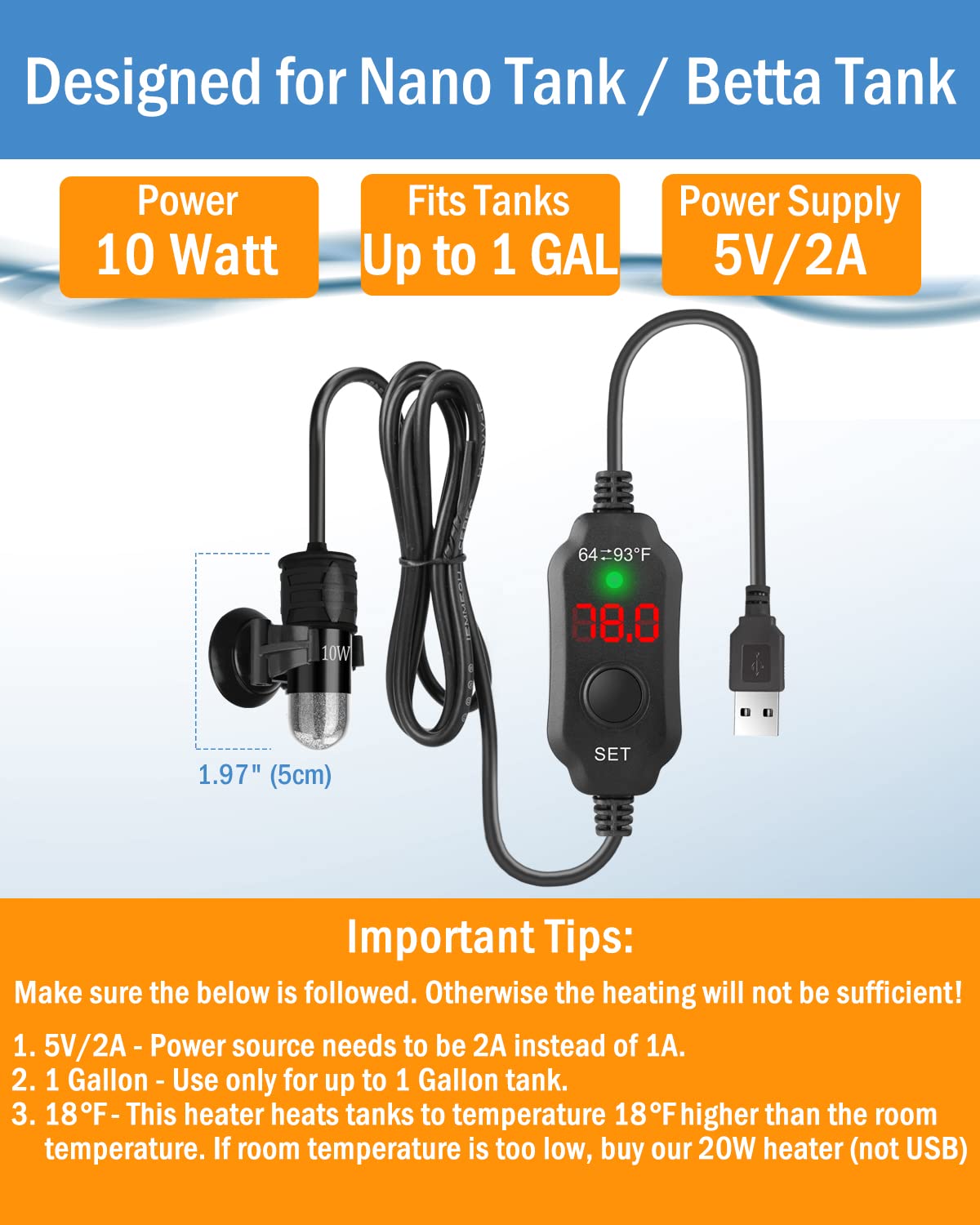 AquaMiracle Betta-Heizung, verstellbar, 10 W, kleiner Aquariumheizer, tauchfähig, 5 V/2 A, USB-betriebener Super-Mini-Aquarium-Heizstrahler mit Digitalanzeige-Thermostat, für bis zu 3,5 l Tanks