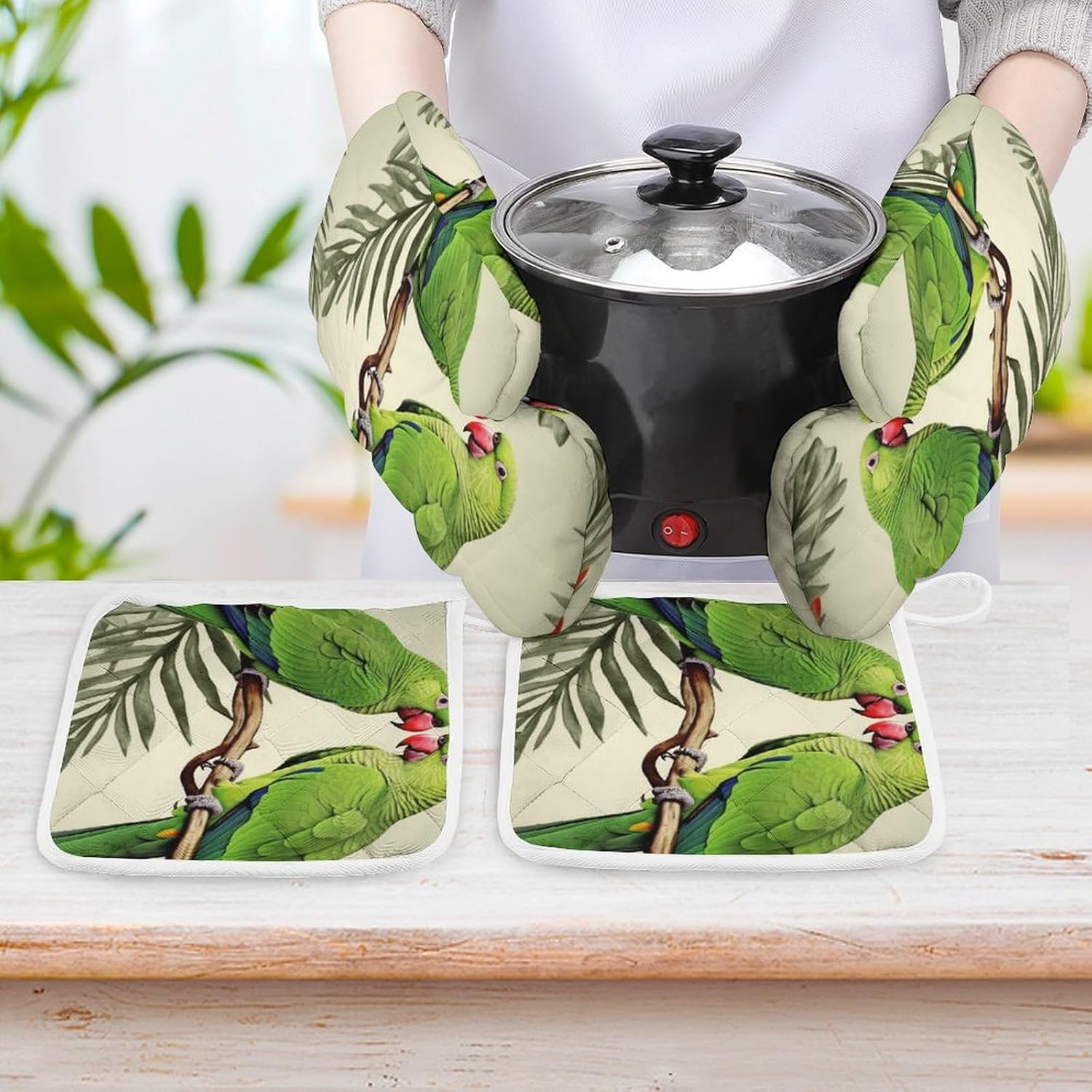 Oven Mitts Pot Holders Kitchen Couple Parrots Olive Heat Resistant Oven Glove for Baking and Cooking