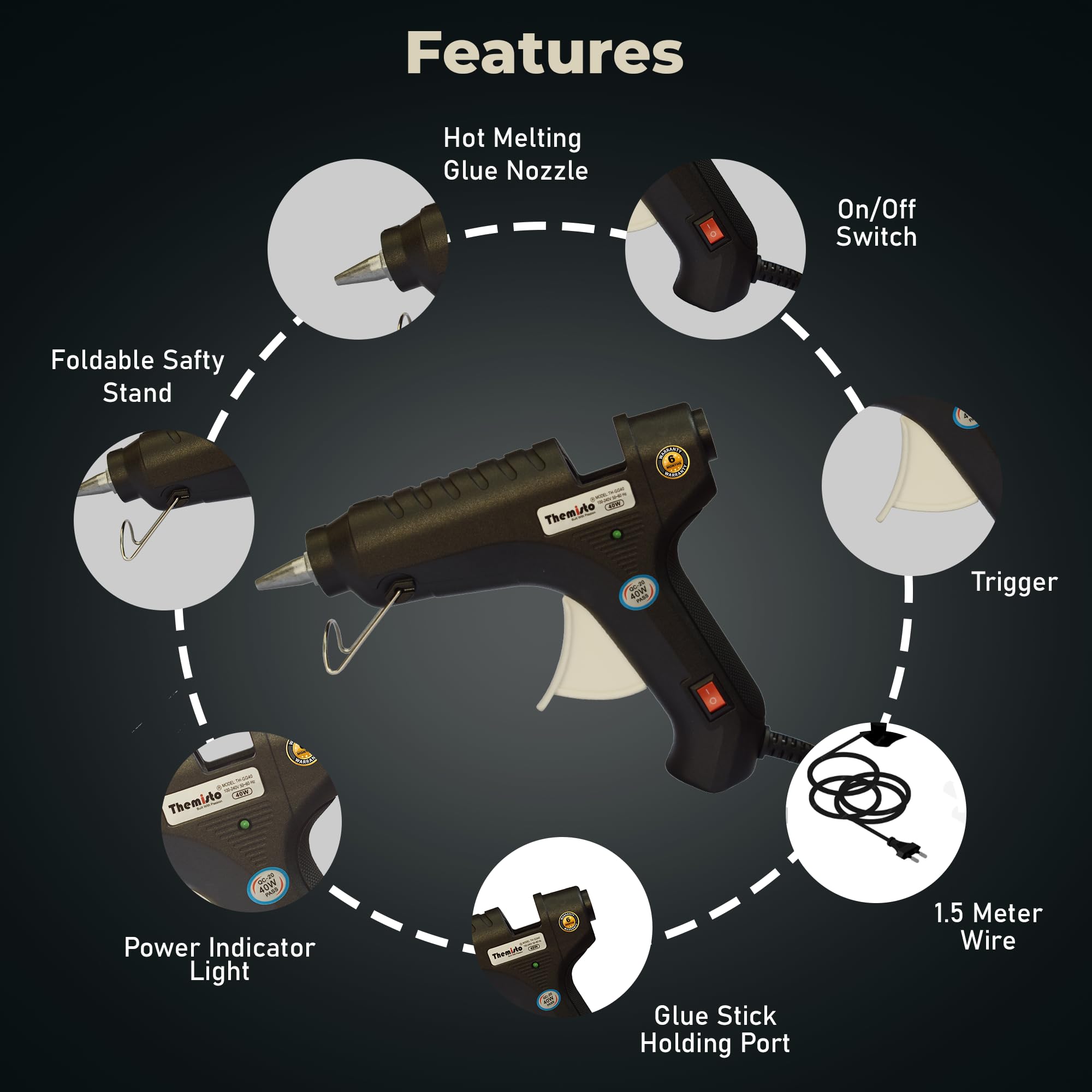 THEMISTO - built with passion Glue Gun With Glue Sticks 40W Hot Melt With Anti Drip For Arts And Crafts,Diy Projects|Leak Proof Glue Gun With Strong Gumming Glue Sticks(10 Pc Glue Sticks,Black)