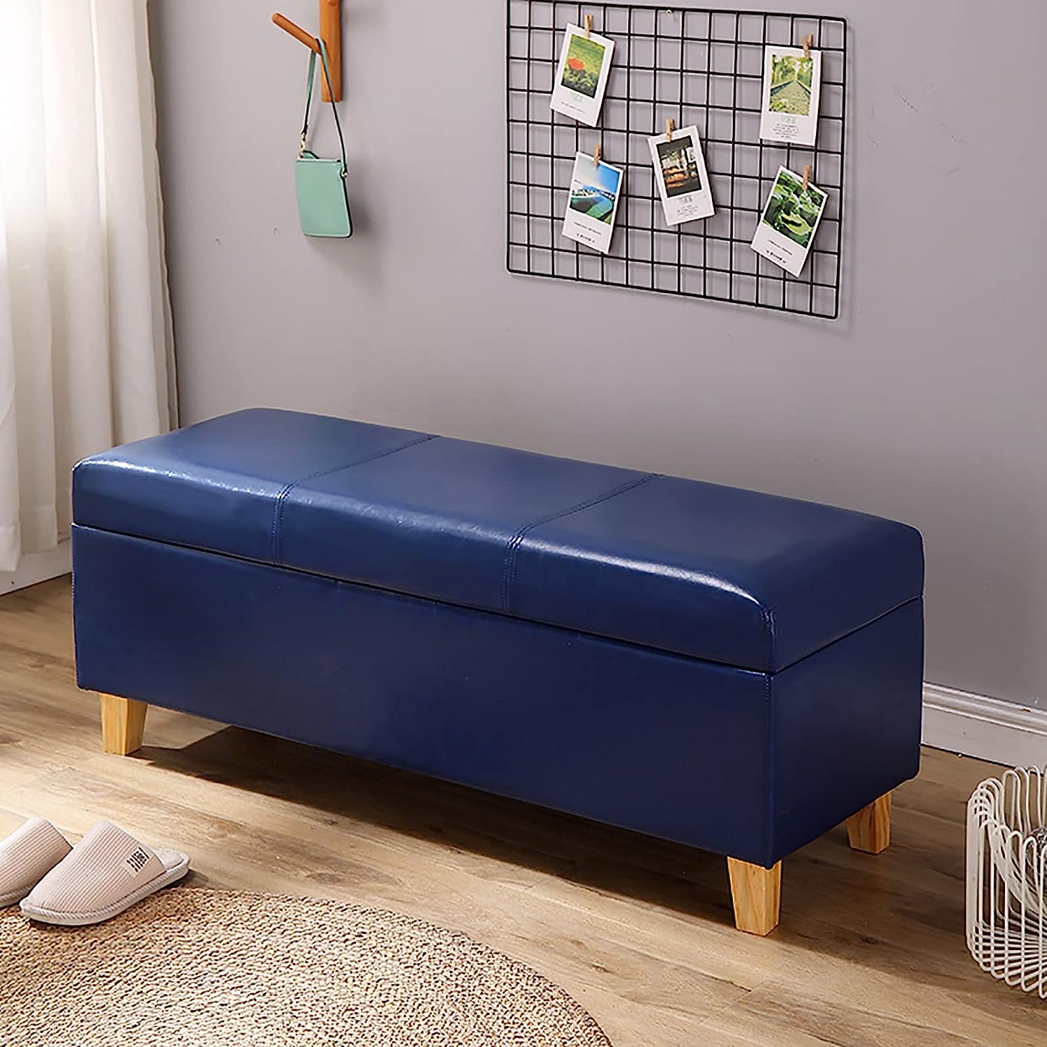 Banc de rangement bleu en similicuir 31x16x16 pouces pour salon