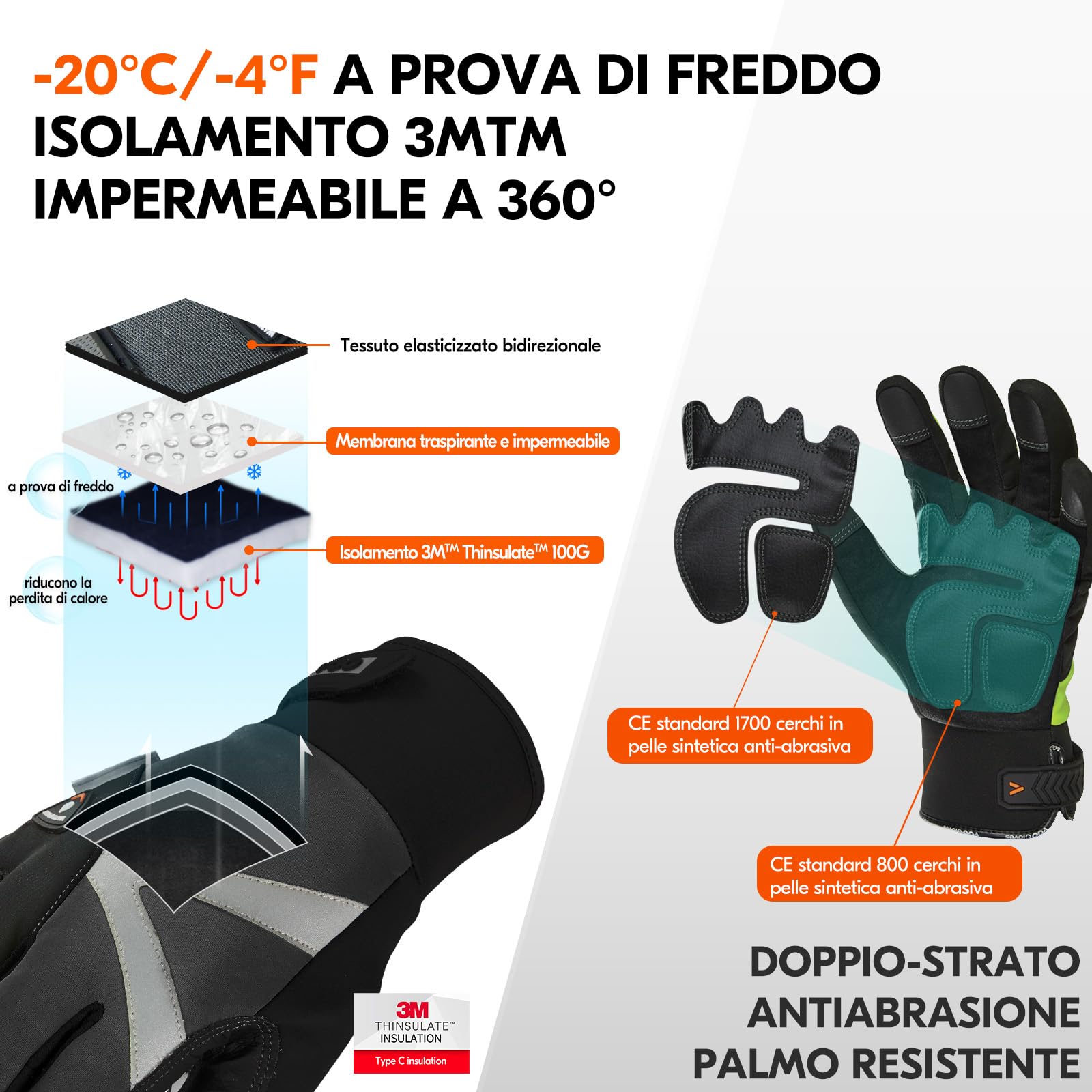 Vgo... 2 paia Guanti da Lavoro Invernali Impermeabili Termici da -20 ℃, Guanti da Meccanico Caldi Uomo a 6 Strati con Touchscreen per Camionista Edilizia Multifunali