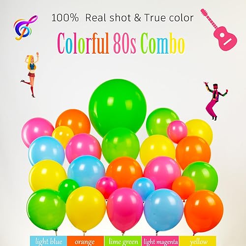 Miniatura 6 de Kit de arco de guirnalda temática musical de los años 80, 150 unidades, rosa intenso, azul, verde, con guitarra, bola de discoteca, estrella de