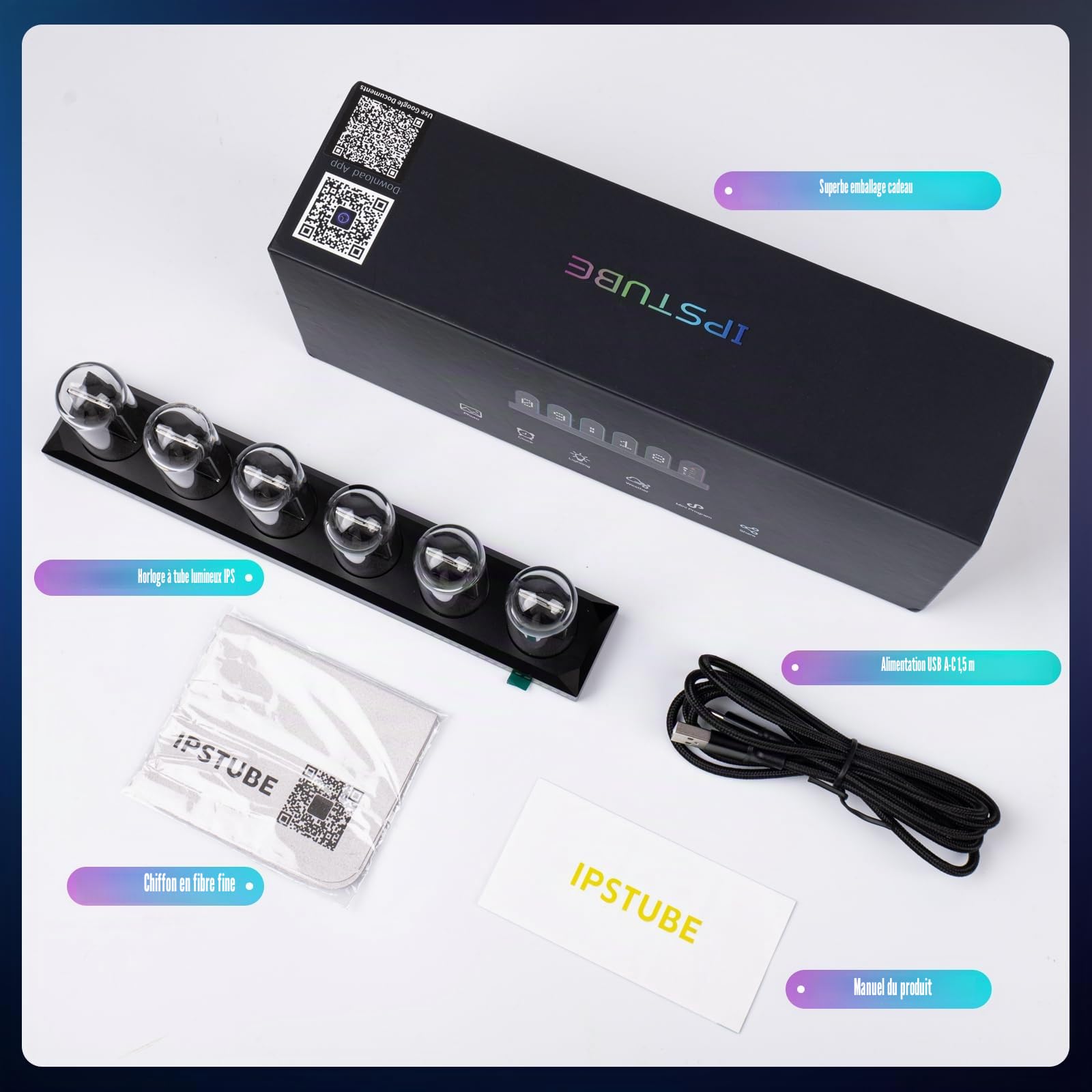 Horloge Nixie Tube LED RGB - 6 Tubes IPS Personnalisables, Horloge Digitale Murale avec Calendrier Numérique et Météo, Réveil Connecté WiFi, Cadeau High-Tech Décoration Bureau Chambre