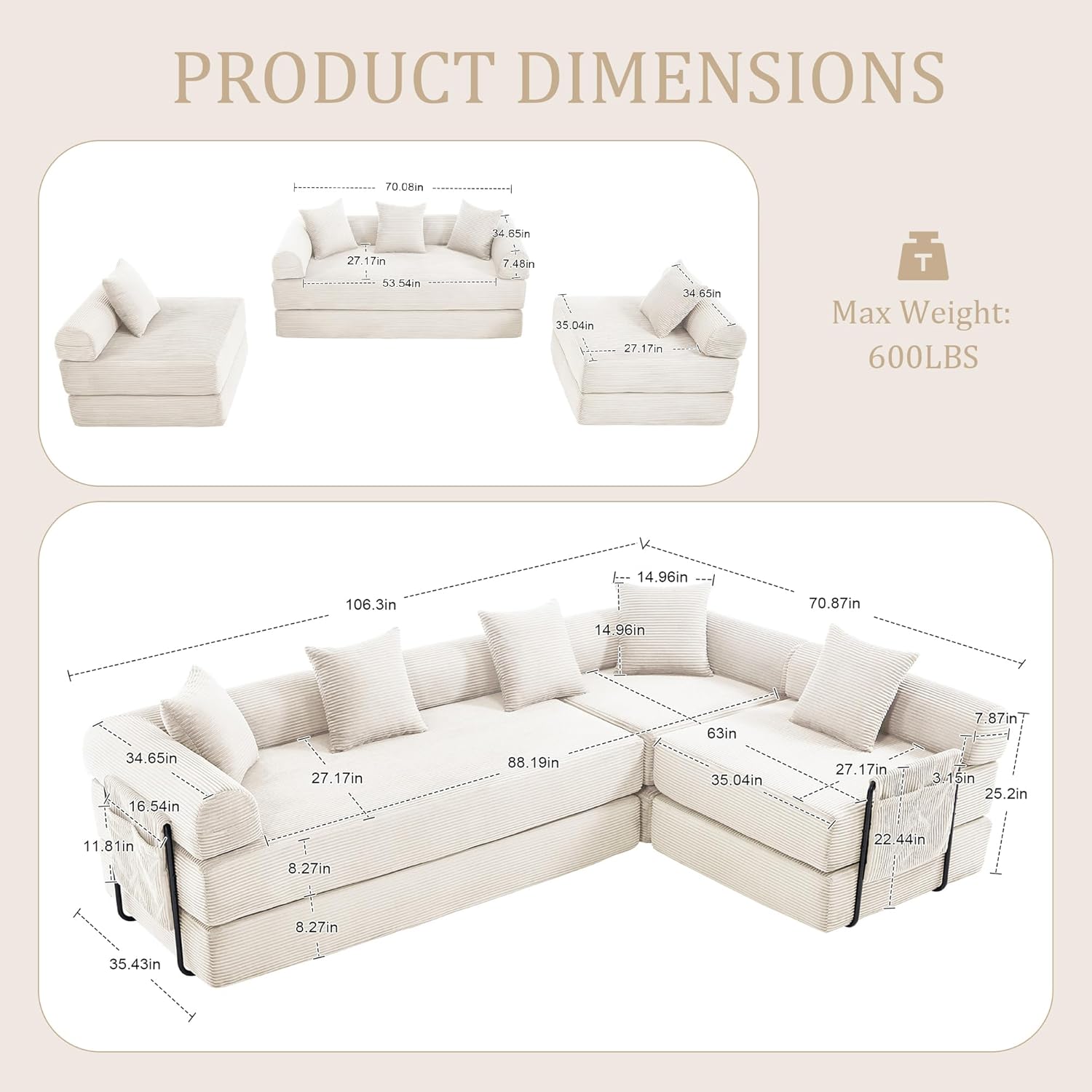 Convertible Folding Sofa Bed, Modular Futon Couch with Fixed Frame and Pillow Back Handrail, Cloud Floor Couch for Living Room, Dormitory, Guest Room, Office, Apartment (Beige)