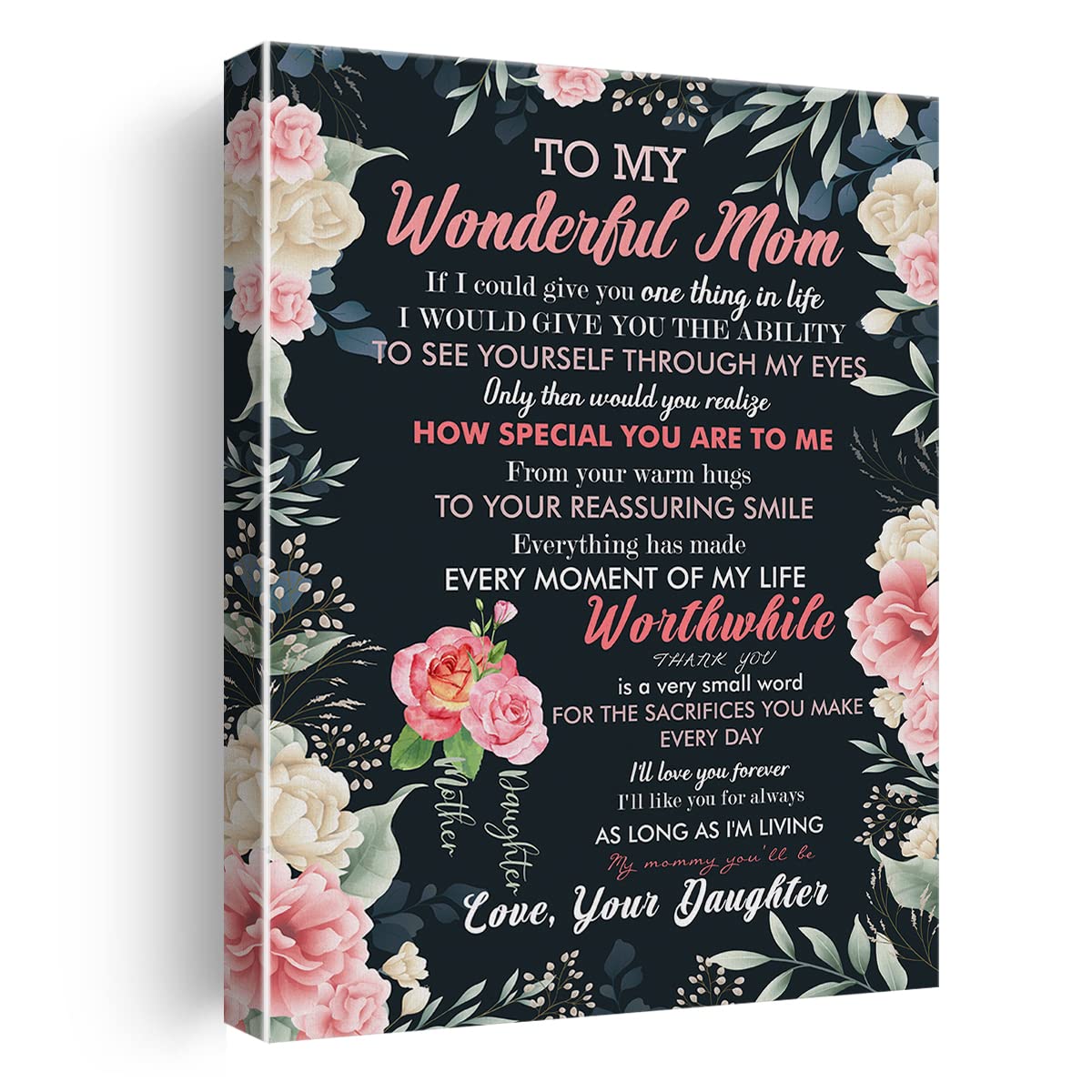 Mom Gift From Daughter Canvas Wall Art to My Wonderful Mom Poster Painting Framed Floral Mother's Day Artwork Signs Picture Print Gift for Home Bedroom Decor 12 X 15 Inch