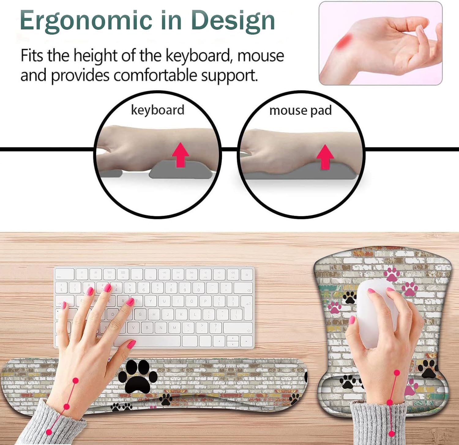 Keyboard Wrist Support + Wrist Mousepad + Coaster Combination, Non-Slip PU Base, with Gel Memory Mousepad, Suitable for Gaming, Office Pain Relief Mousepad Set - Cute Dog Paw Prints
