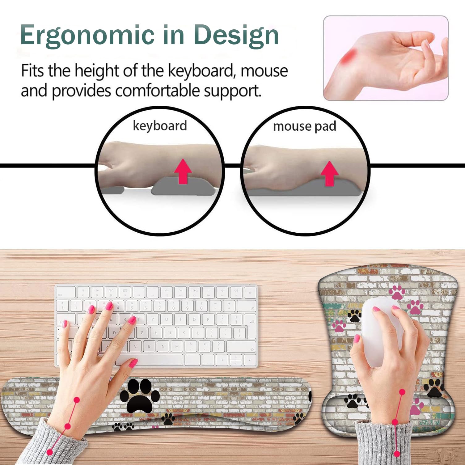 Keyboard Wrist Support + Wrist Mousepad + Coaster Combination, Non-Slip PU Base, with Gel Memory Mousepad, Suitable for Gaming, Office Pain Relief Mousepad Set - Cute Dog Paw Prints
