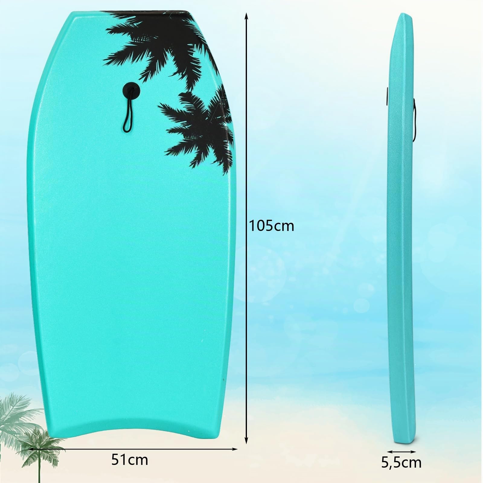 HOMASIS Bodyboard Planche de natation avec corde de traction 90 cm Planche de surf pour enfants et adultes avec noyau en mousse EPS et motif cocotier Vert