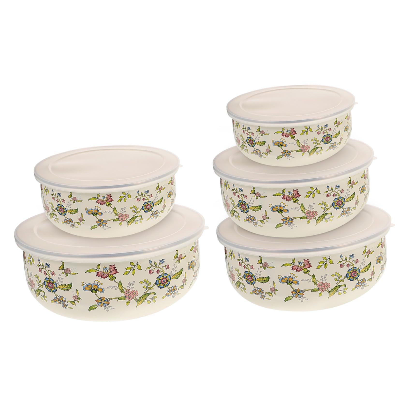 Gatuida Juego de 5 Ensaladeras Esmaltadas con Tapa para Servir y Almacenar, Cuencos Redondos de Plástico para Uso Diario en Cocina, Apilables y Creativos