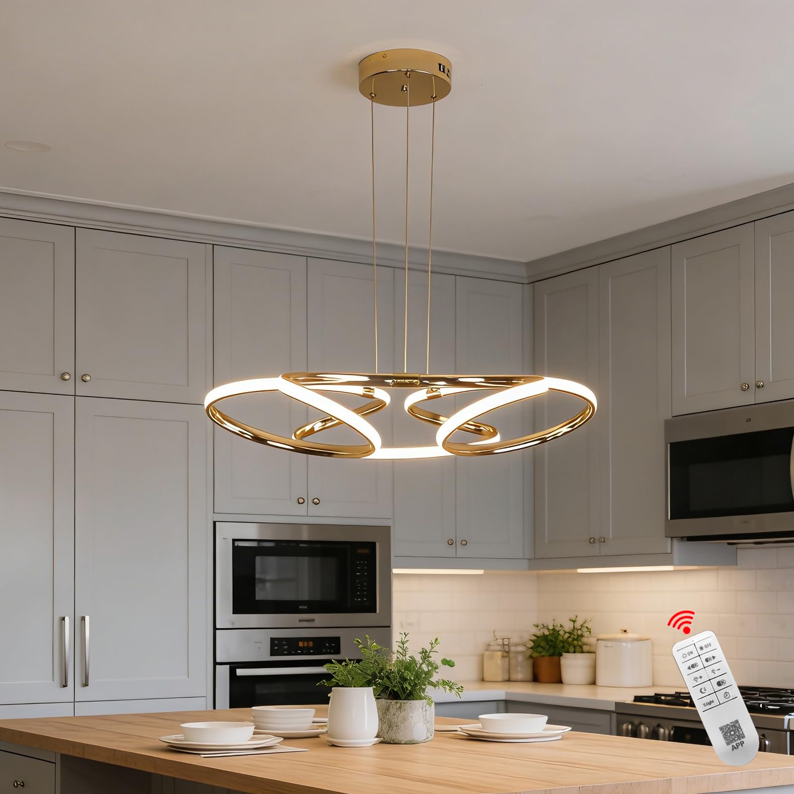 TONGCIYU Nowoczesny żyrandol do jadalni, kuchni, żyrandola i wejścia, ściemniana lampa wisząca LED o regulowanej wysokości, 32 W, do przedpokoju, salonu, sypialni, 58 cm (złoty M)