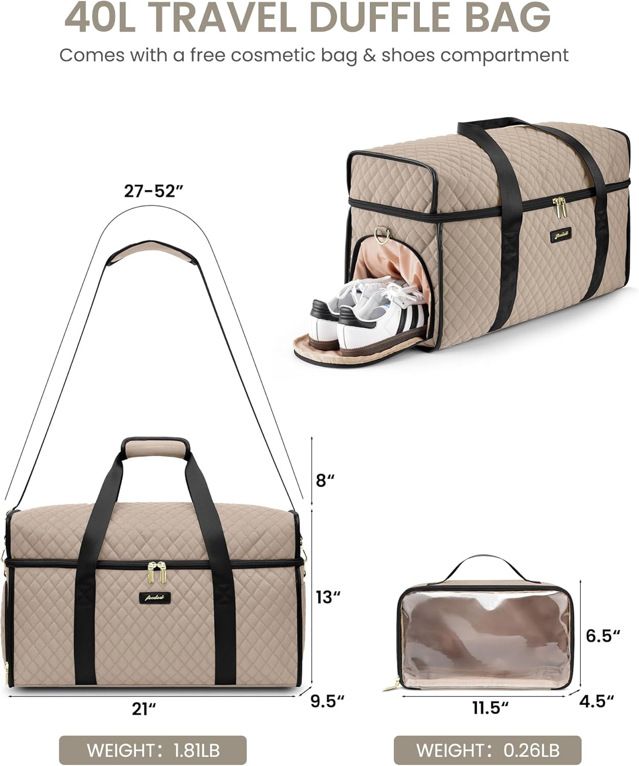 Weekender Travel Duffle Bag for Women: Overnight Bags with Shoe Compartment Carry on Bags for Airplanes with Toiletry Bag Weekend Yoga Gym Bag with Wet Pocket Nude Black - Image 4