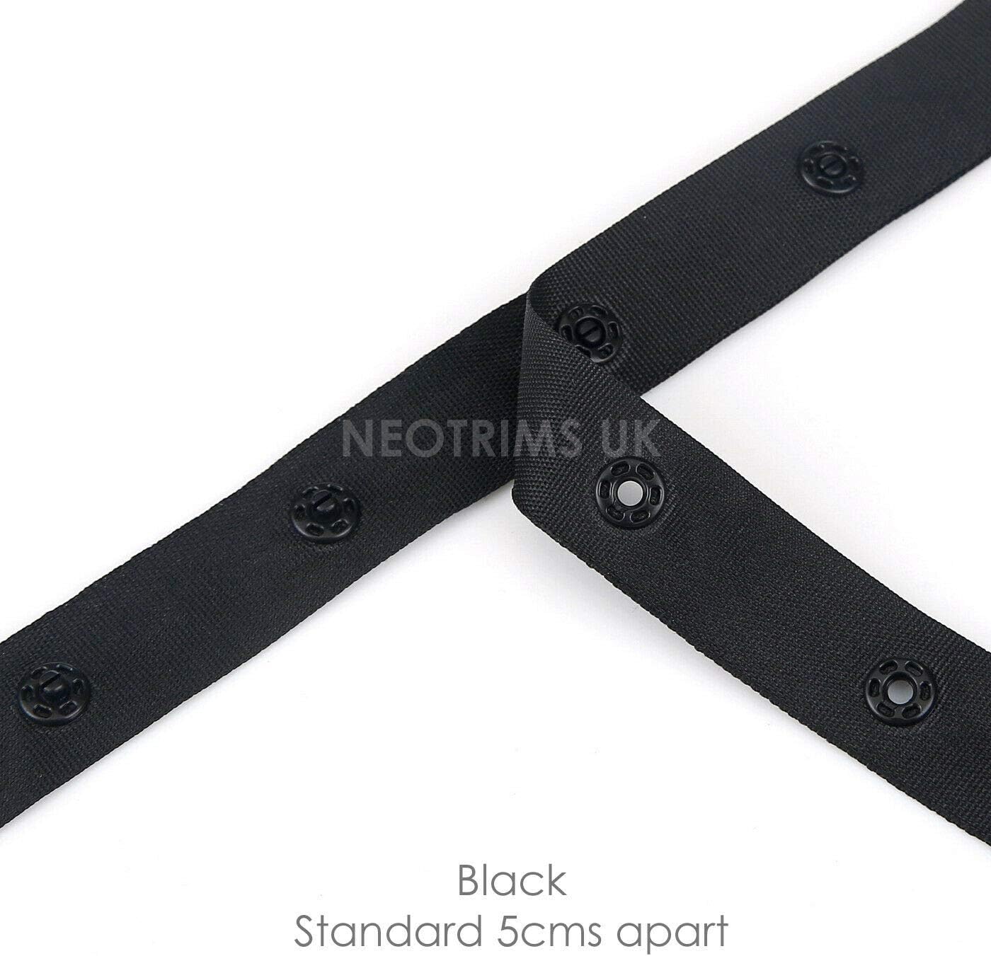 Snap Popper Tape Fasten Ribbon,Press Fastening Studs Trim, Spacing Gap 5cm Apart, Duvets,Curtains,Baby,Apparel.Washable & High Strength Plastic Snaps,which Don't Rust! Neotrims UK. Black 25 Yards