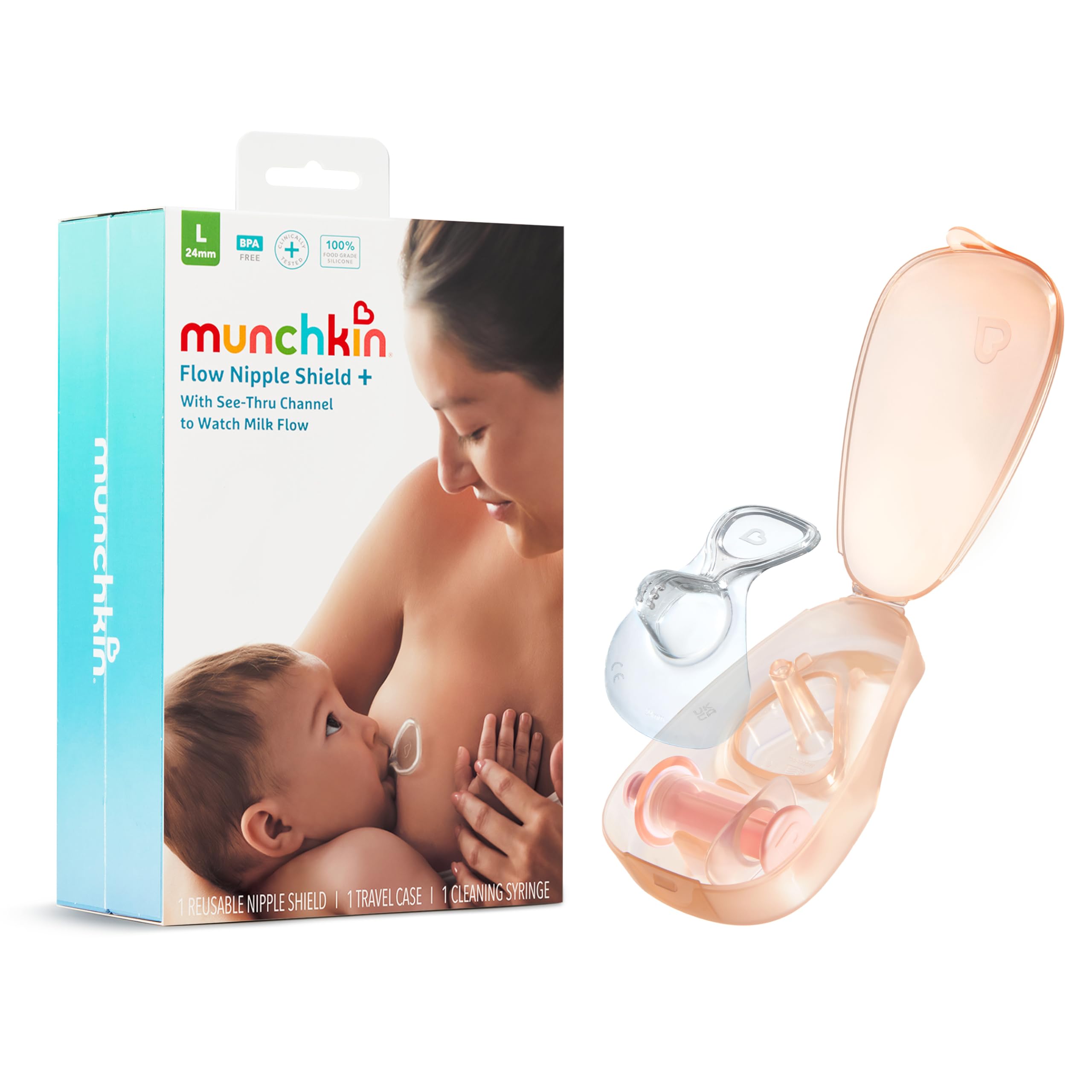 Munchkin® Flow Breastmilk and Latch Monitor, Nipple Shield for Newborn with See-Thru Channel to Check Milk Flow, Breastfeeding Essential and Nursing