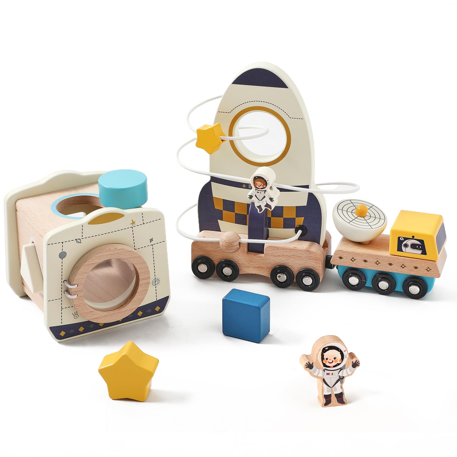 ibwaae Holz Rakete Weltraum Spielzeug Set für Kleinkinder 1-3, Montessori Formsortierer und Stapelaktivität mit Magnetauto, Feinmotorik Lernspielzeug, Erstes Geburtstagsgeschenk für Jungen Mädchen