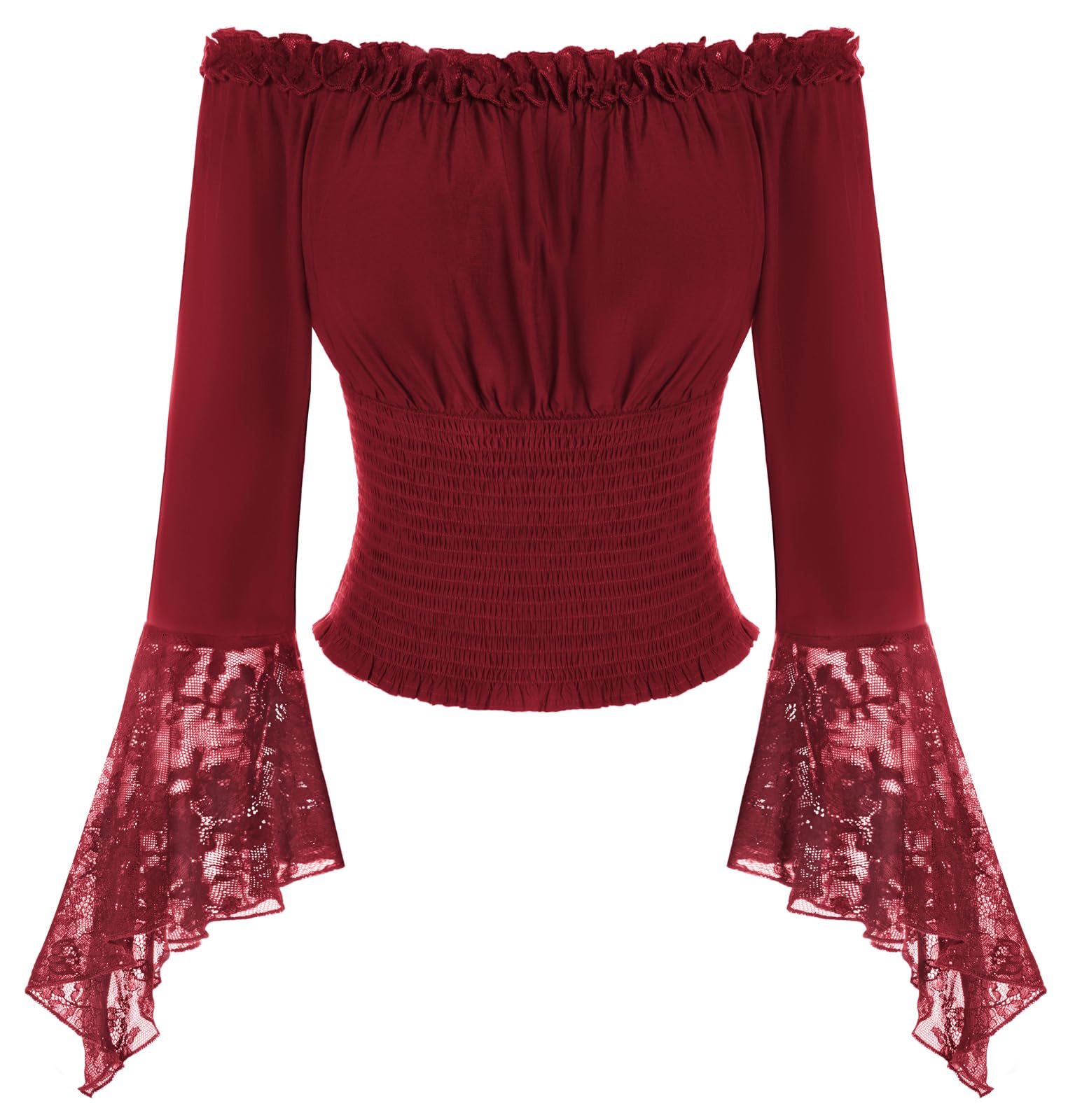 SCARLET DARKNESS Damen Renaissance Bluse Langarm mit Spitze Schulterfrei Tops Gesmokte Taille Oberteil
