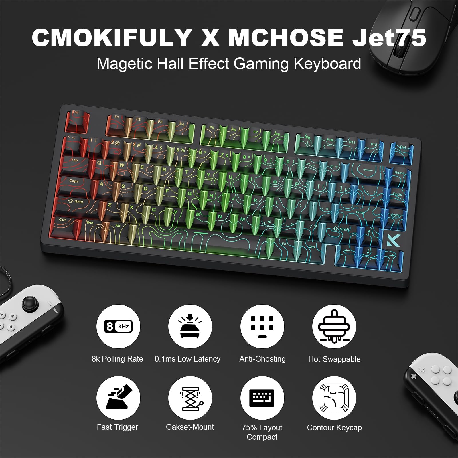 Tastiera magnetica MCHOSE Jet75, tastiera da gioco cablata al 75%, interruttore effetto hall, modalità trigger rapido, frequenza di polling 8K Hz, lanterna 0,1 ms, retroilluminazione RGB