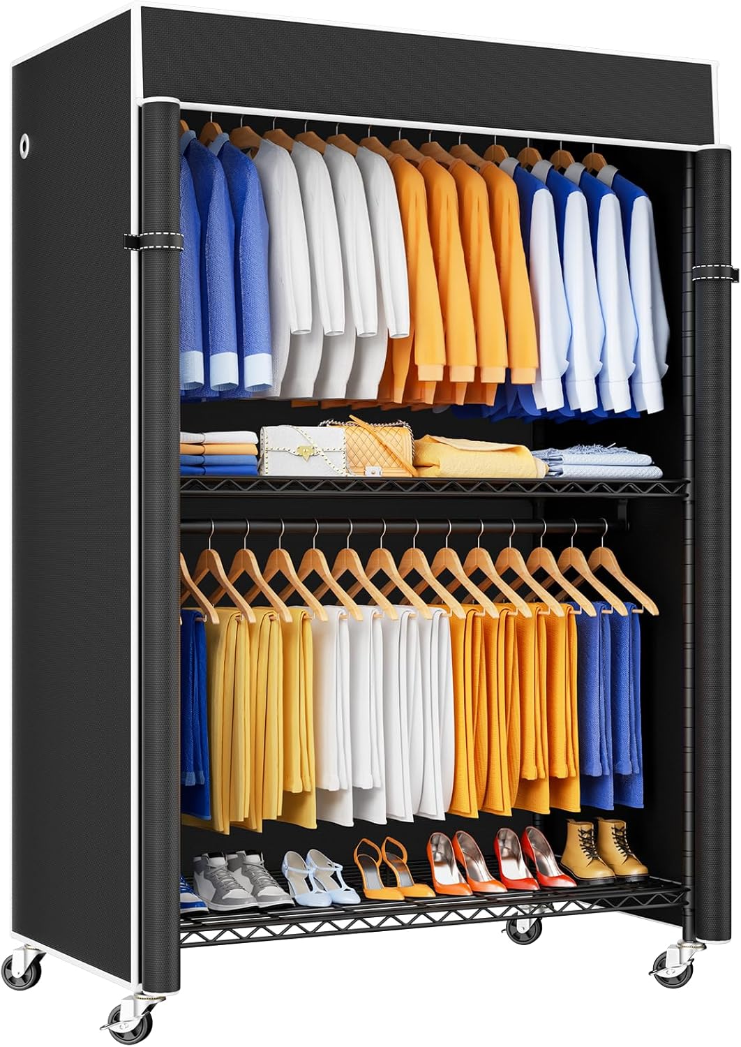 P8C Heavy Duty Clothes Rack?With Extended Width Design? Rolling Clothing Racks for Hanging Clothes with Lockable Wheels?51.2"W x 15.8"D x 80.5"H?Max Load 700LBS?Black Rack with Black Cover