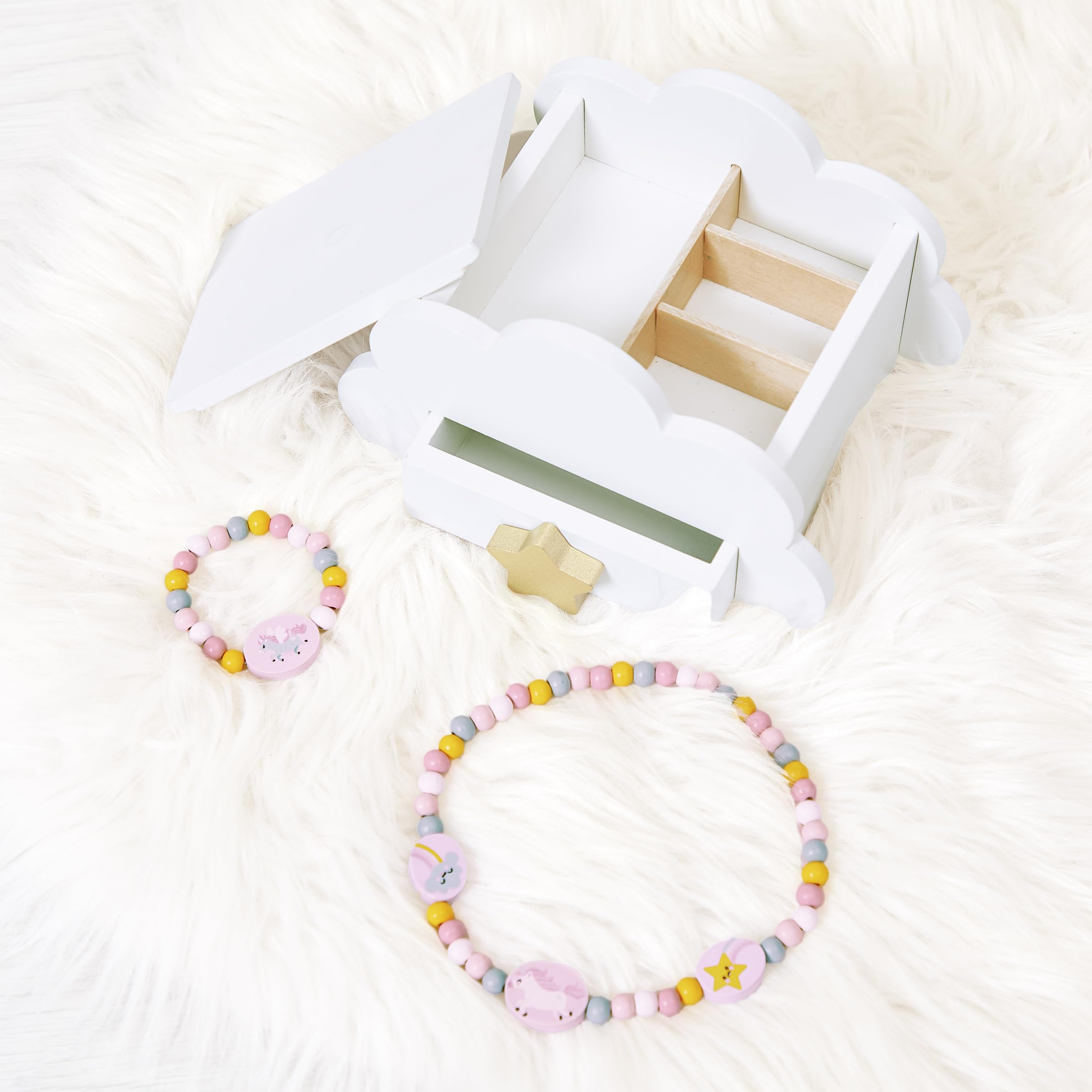 Janod Joyero con Aberturas Secretas - Viene con 1 Pulsera Unicornio y 1 Collie Unicornio - con Cajón y Espejo - 17cm x 11cm - óptimo Regalo de Cumpleaños - A Partir de 3 Años - J06462