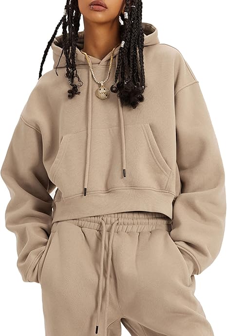 Flygo Jogger Set Women Fleece 2 Piece Sweatsuits Outfits Crop Pullover Hoodie Sweatshirt Pants with Thumb Hole(Khaki-M)