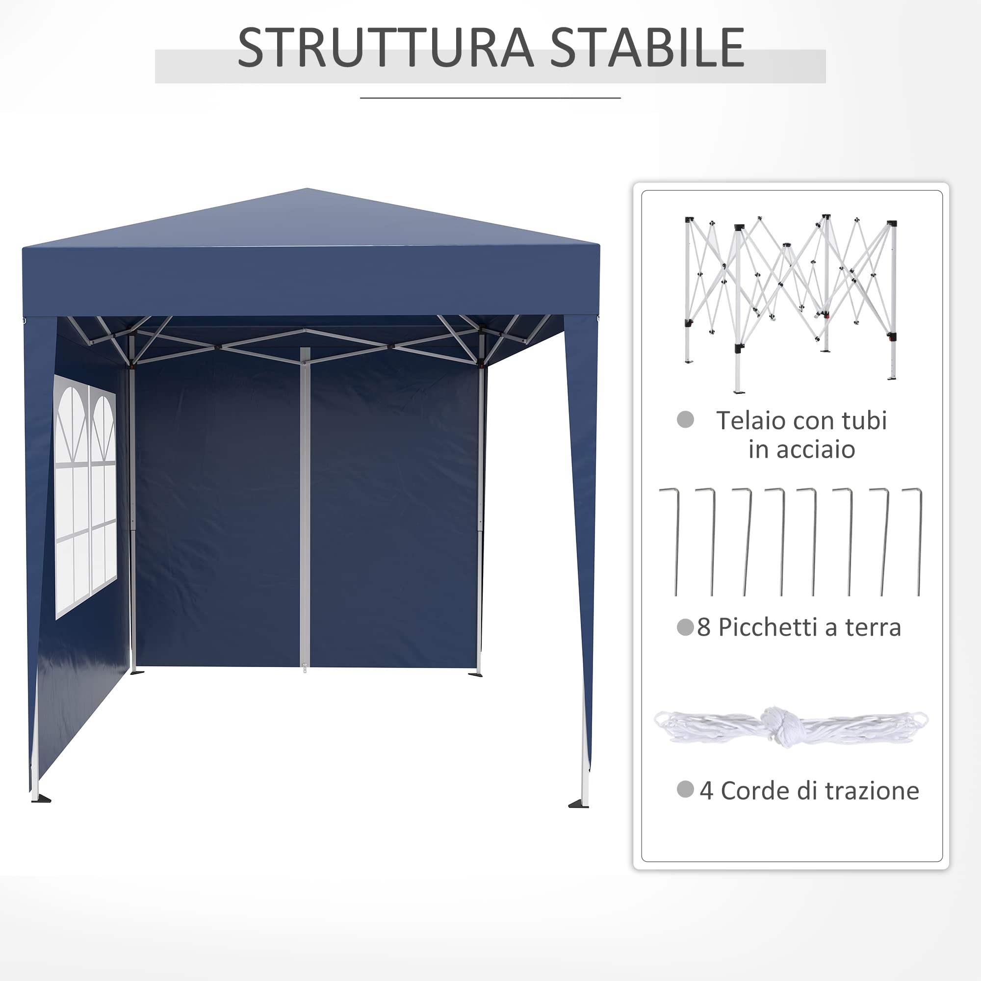 Outsunny Gazebo 2x2 m Pop-up Impermeabile con 4 Pareti Rimovibili, Gazebo Pieghevole in Metallo e Poliestere con Borsa da Trasporto, Blu