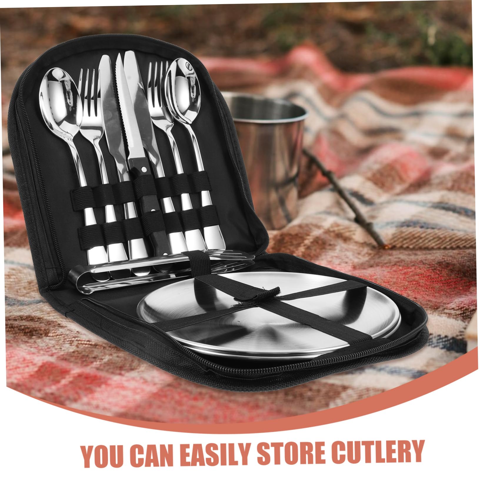 Abaodam Campingbesteckset aus Edelstahl mit Glatten Kanten und Tragetasche Leicht zu Tragen für Outdoor Camping und Wandern Schwarzes Picknick Besteck