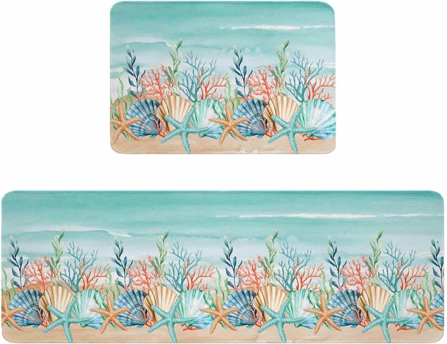 Coastal Beach Kitchen Rugs and Mats Set of 2, Non-Slip Kitchen Sink Mat, Ocean Wave Summer Sea Starfish Coral Teal Beige Washable Doormat Bathroom Rugs Runner for Bedroom 19.7"x31.5"+19.7"x63"
