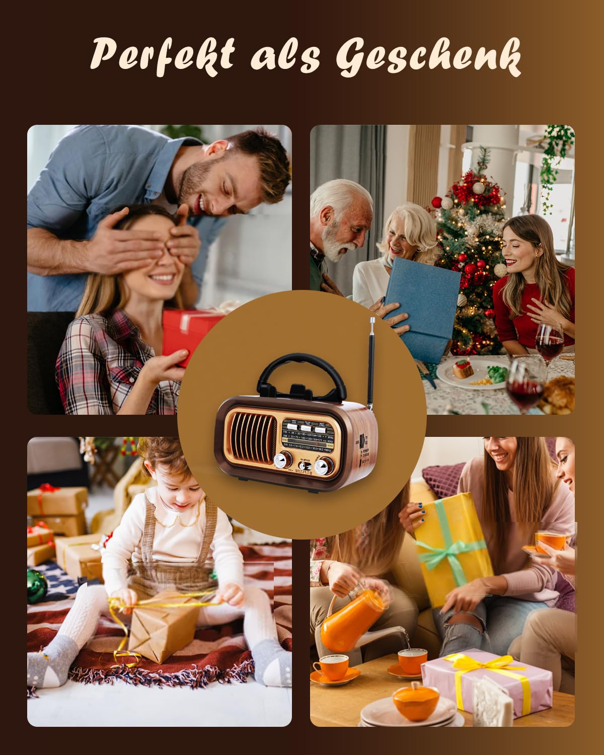 Retro Radio mit Bluetooth, AM/FM/SW Tragbares Radio, Kofferradio mit 1200mAh Akku und D-Batterien, USB/TF/TWS, Vintage Radio für Küche, Zuhause, Garten und Camping