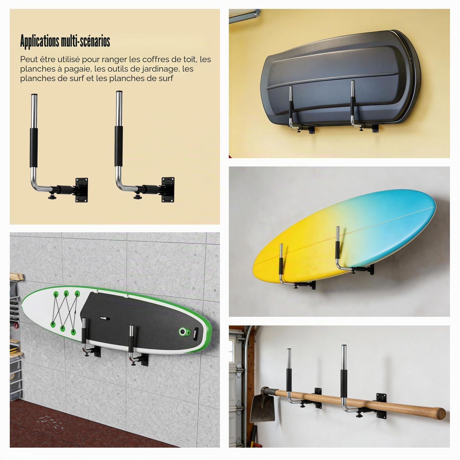 SWAWIS 1 Paire Support Mural pour Coffre de Toit en Acier avec Mousse Anti-Rayures, Plage de Réglage 35 à 52 cm, Charge 50 kg, pour Coffre de Toit, Planche de Surf, Paddle, Outils de Jardin(Noir)