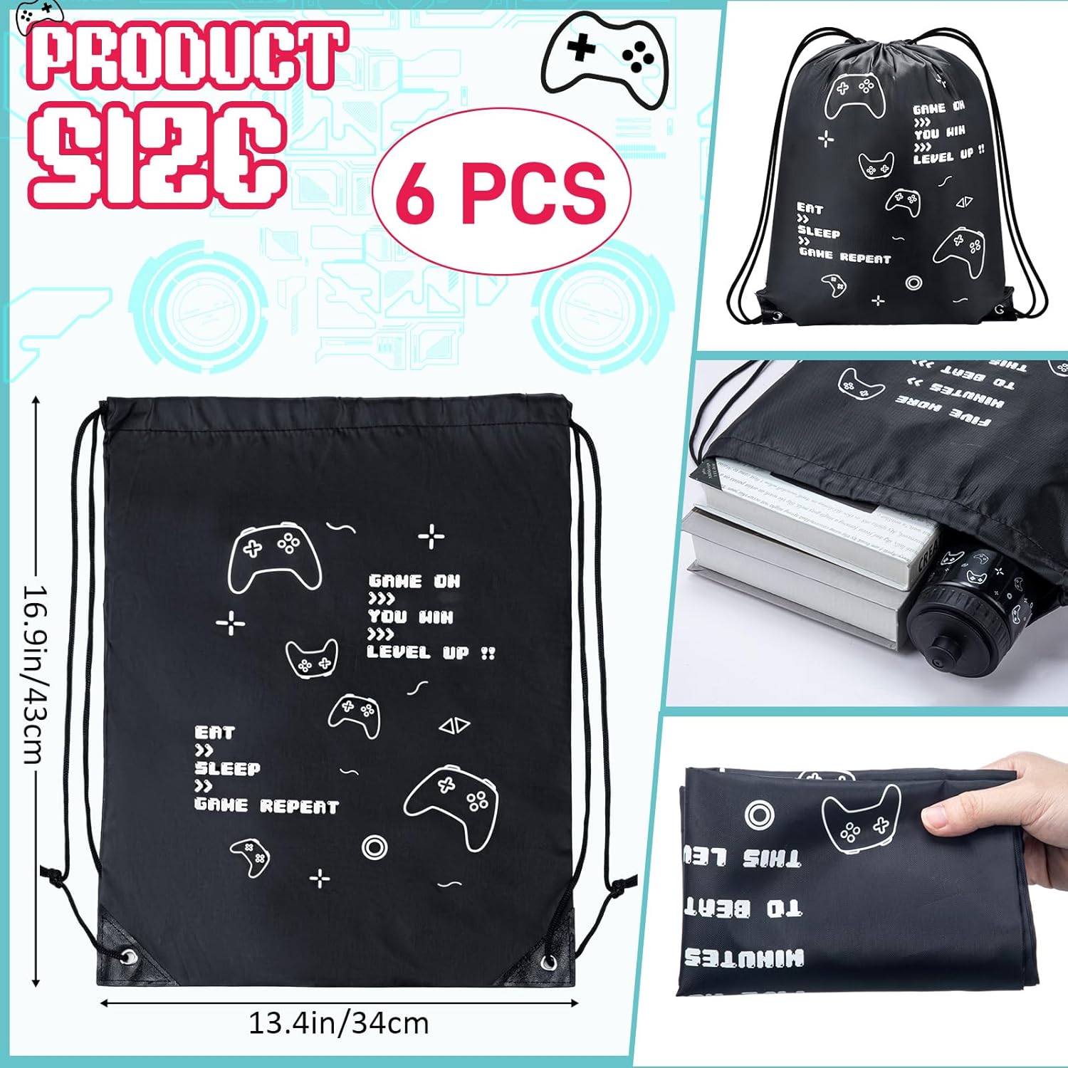 Talltalk 12 Pcs Video Game Party Favor 24 oz Water Bottles with Drawstring Bag Gaming Gift Cup Tumbler Gamer Party Birthday