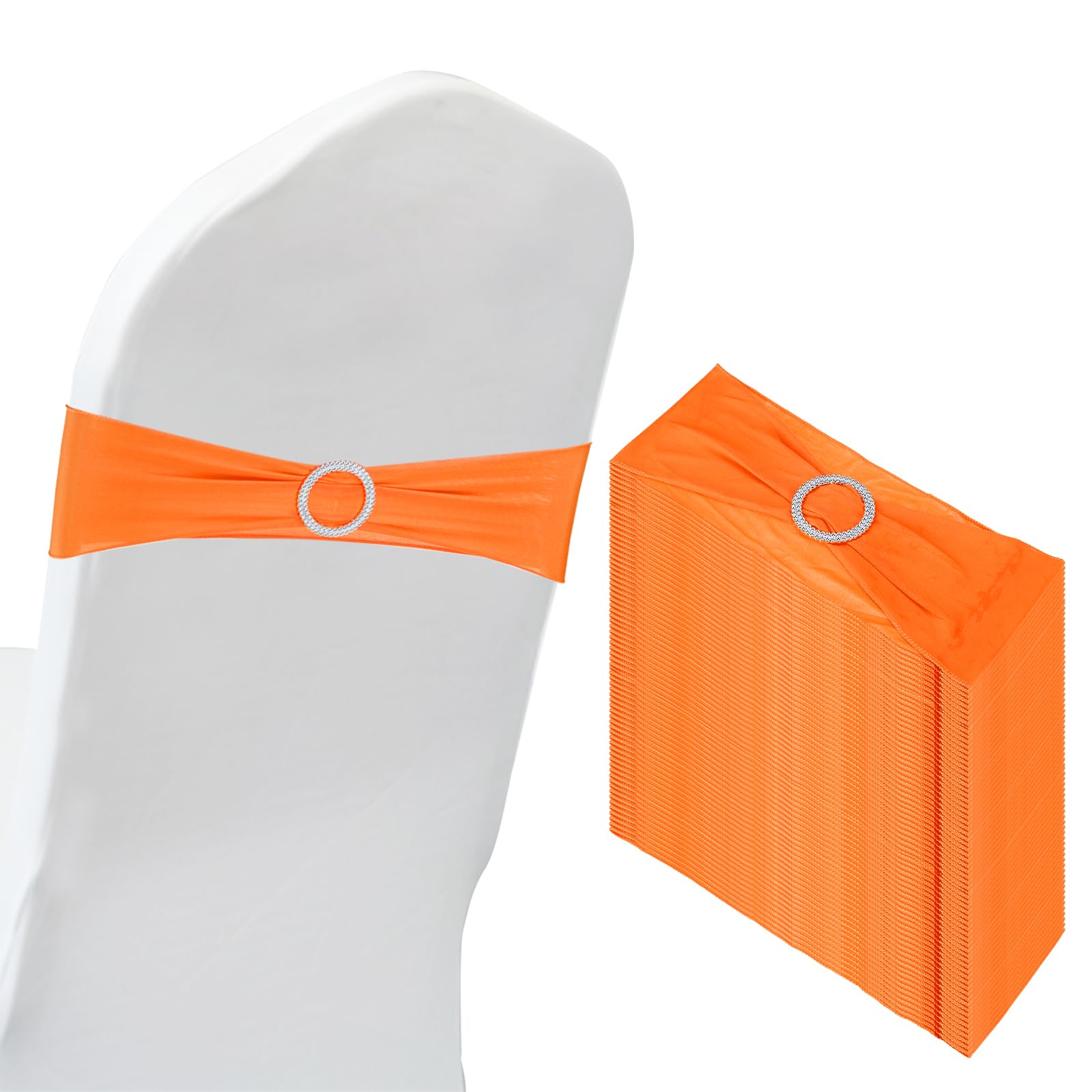 PATIKIL 14"x5" Stretch Chair Sashes Bows, 50 Pack Elastic Chair Bands Sashes with Buckle Slider for Wedding Banquet Decorations Orange