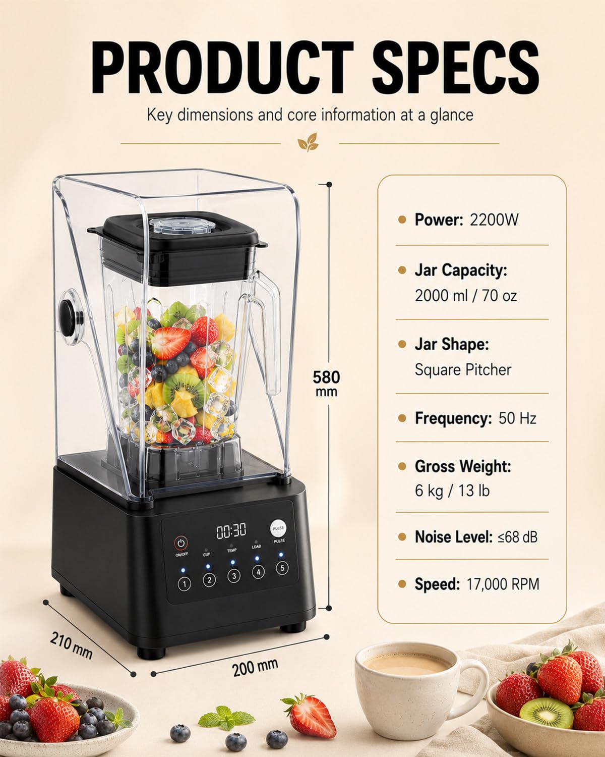 Batidora Comercial para Batidos, 2200W, 2L, 5 Modos, con Cubierta | Procesa Recetas Diarias con una Batidora Profesional para Smoothies, Batidos, Zumos, Salsas, Purés y Postres en Cafés y Bares