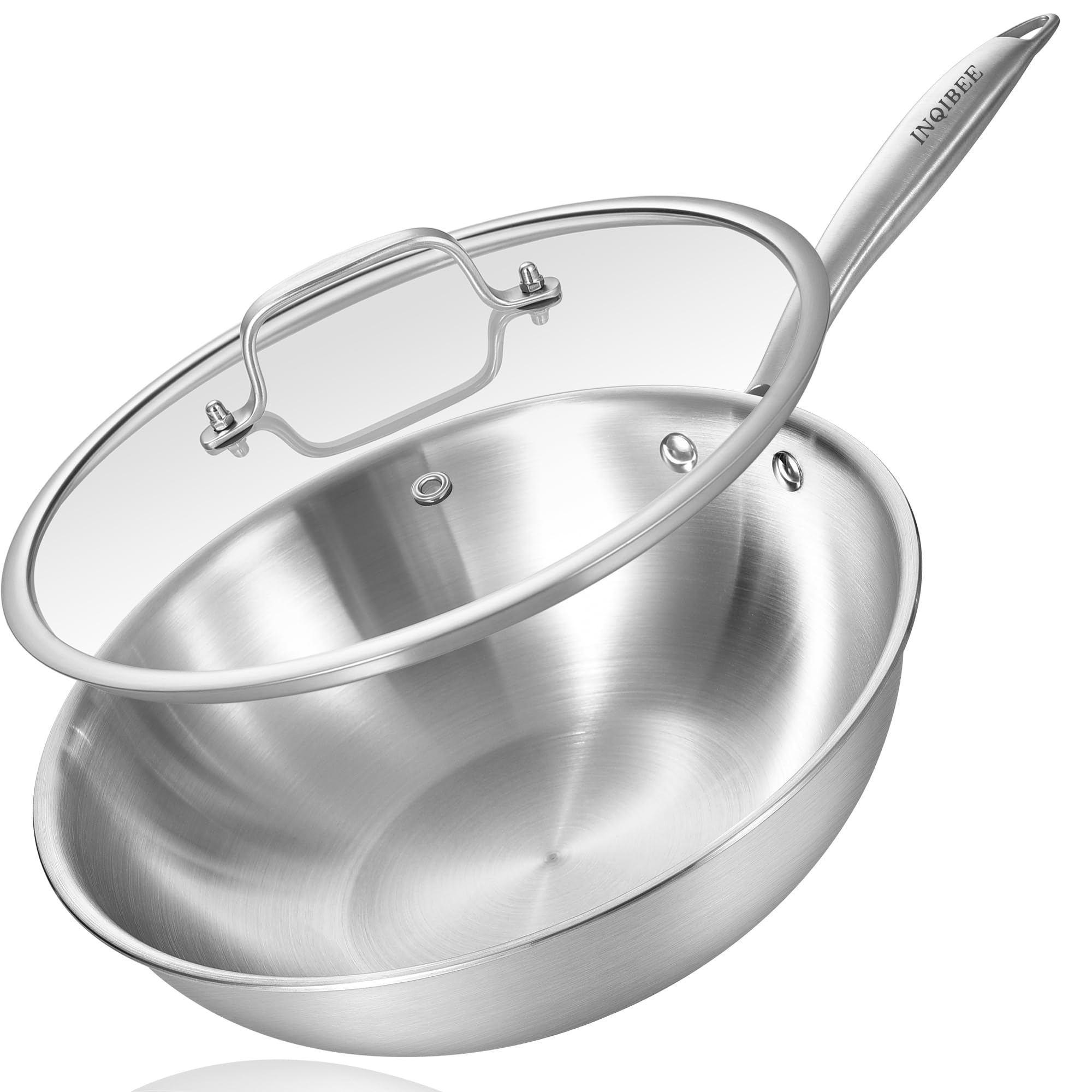 Inqibee Wok Inox 18/10 28 cm, Sans Revêtement, Sans PFAS/PFOA, Induction | Acier 18/10 sain, structure triply, compatible tous feux, passe au four et lave-vaisselle, chauffage uniforme et longue durée