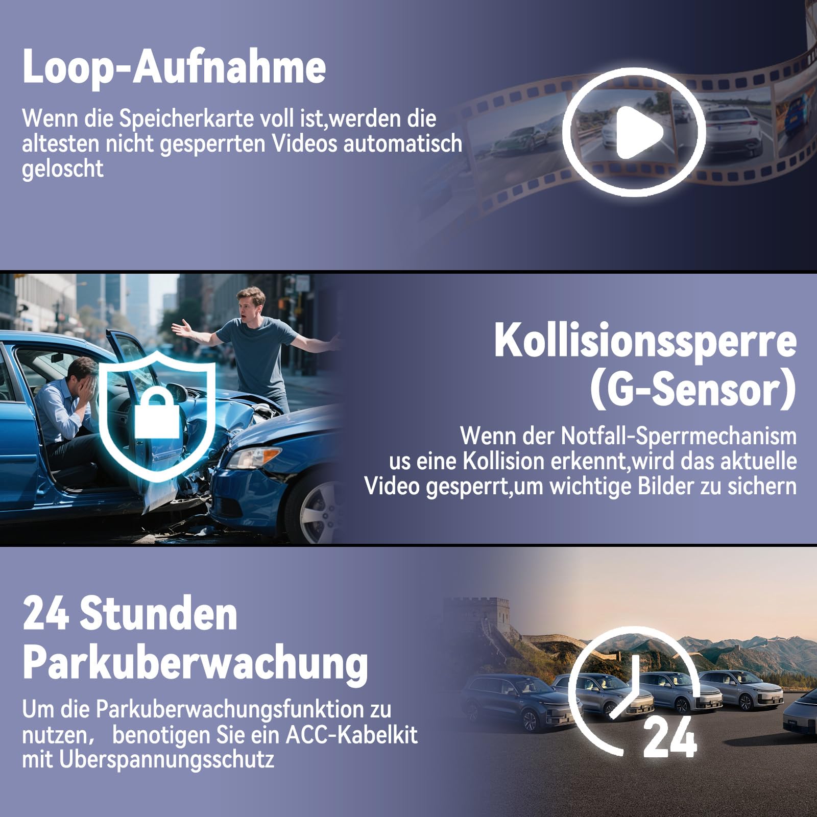 360°Dashcam Auto Vorne Hinten 4 Kanal Dash Cam Auto Kamera FHD 4K+1080Px3,kostenlose 64GB SD-Karte,WDR-Nachtsicht,G-Sensor,4×140° Weitwinkel,3" IPS Display,24/7 Parkmodus,Loop-Aufnahme,App