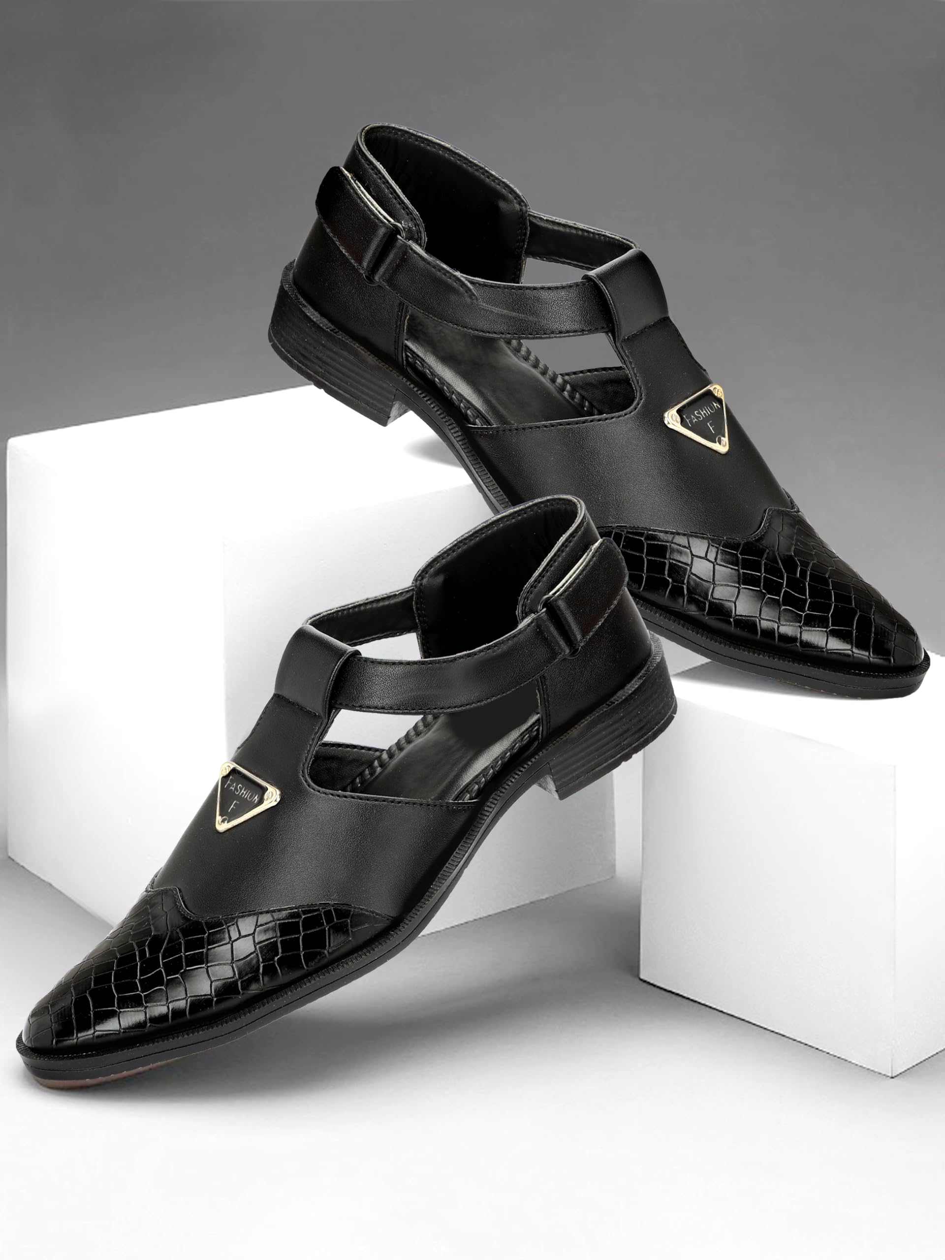 Elegant Black Leatherette Slip-On Back Strap Ethnic Party Casual Roman Sandals for Men (BAB1500-AZ)-image-36