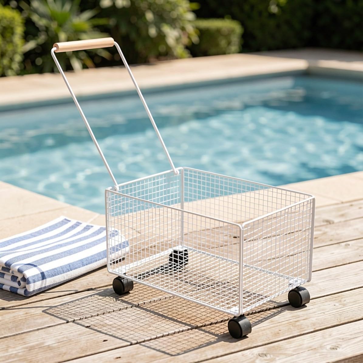Poolside Towel Organizer Basket Trolley with Wheels and Handle