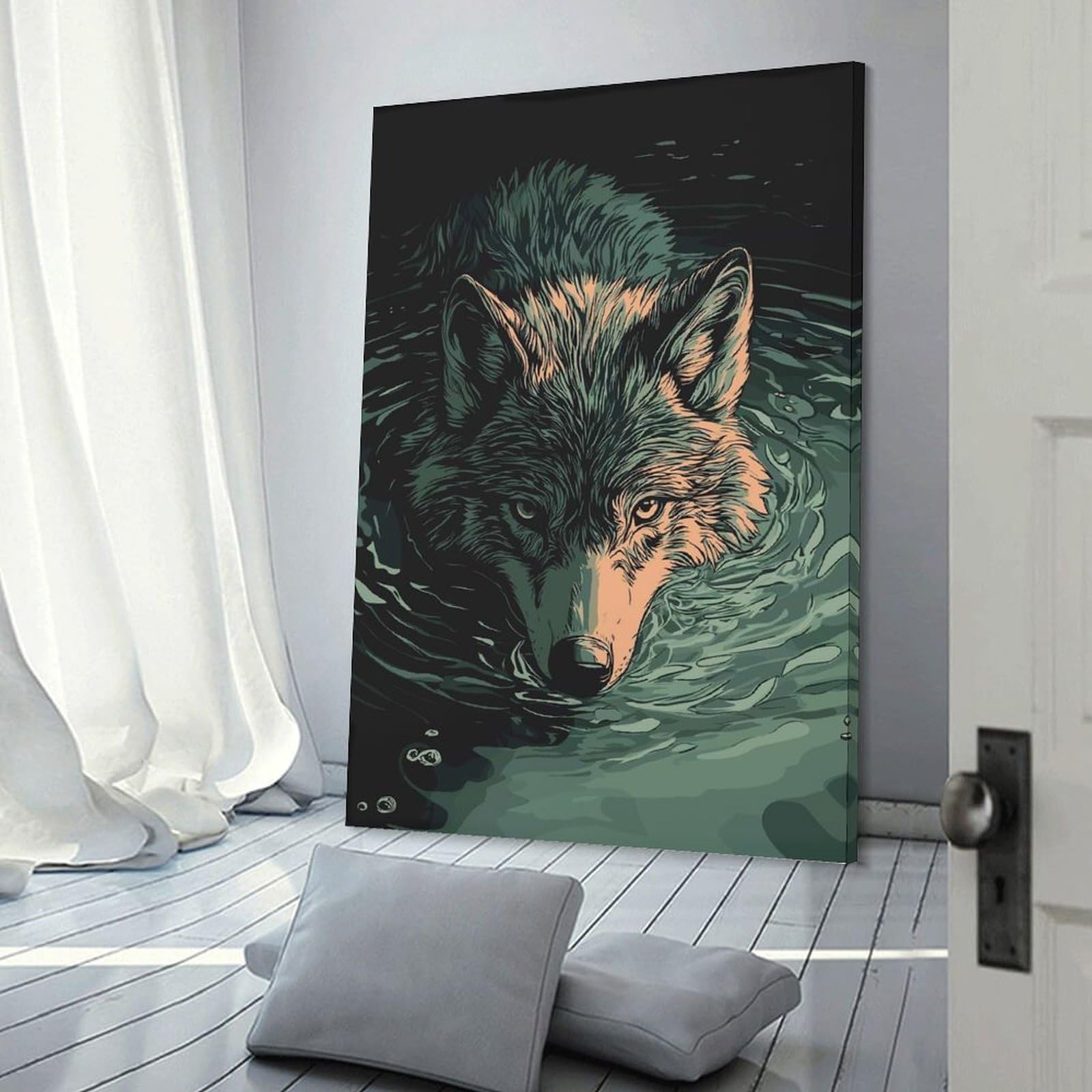 Junmoney Frame-Style-12 Wolf Swimming In Water Illustration Room Decor Wall Art, 12X18inch(30X45cm), For Hallway, Lounge Or Guest Room, Gift Idea For Housewarming And Birthdays